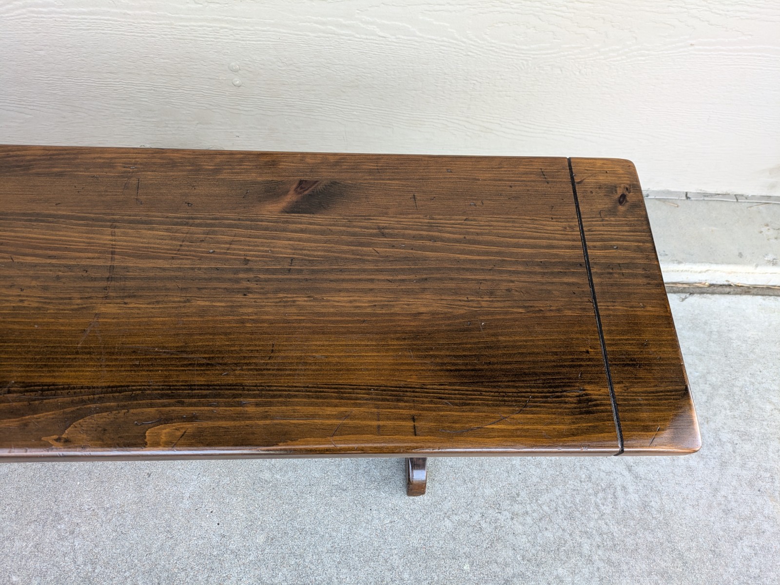 Vintage Ethan Allen Old Tavern Rustic Antiqued Pine Wood Trestle Bench