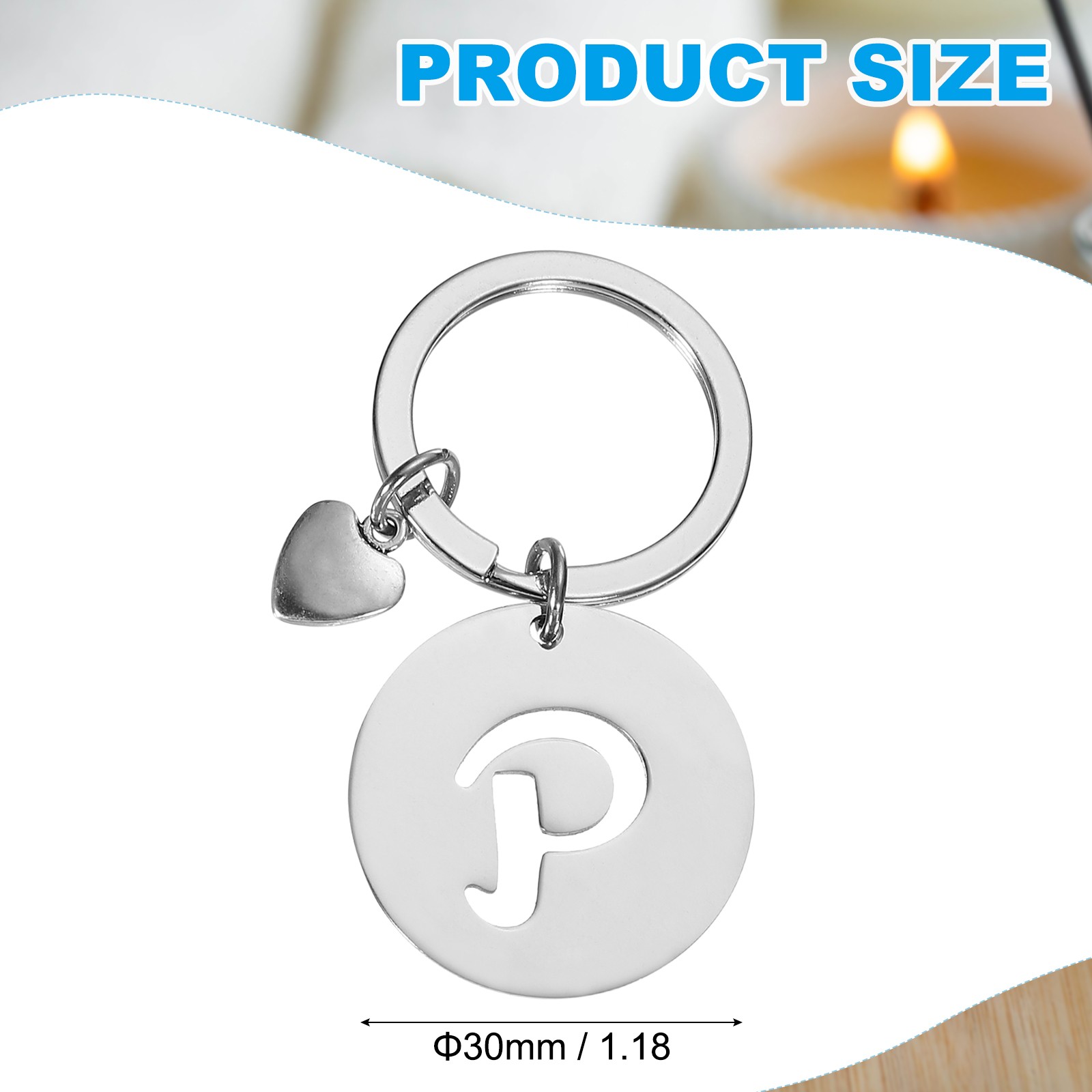 Initial Letter KeyChain, Disc Letter A-Z Heart Charm Keyring, Silver (P)