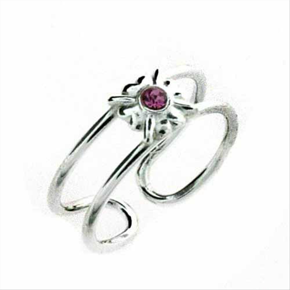 .925 Sterling Silver Flower Toe Ring with Pink Crystal