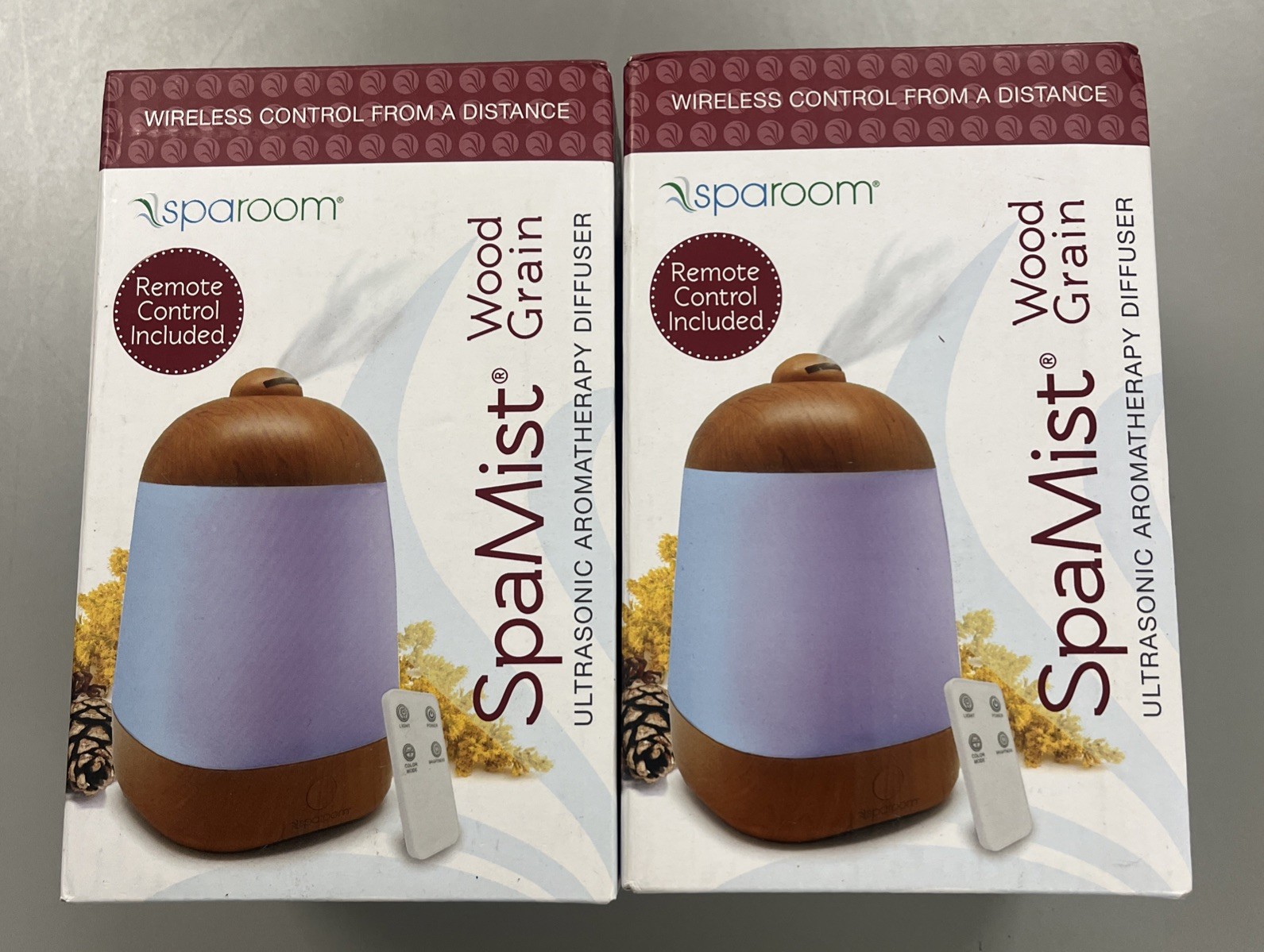 Lot of (2) SpaMist Wood Grain Ultrasonic Diffuser w/ Remote Sparoom LED Lights