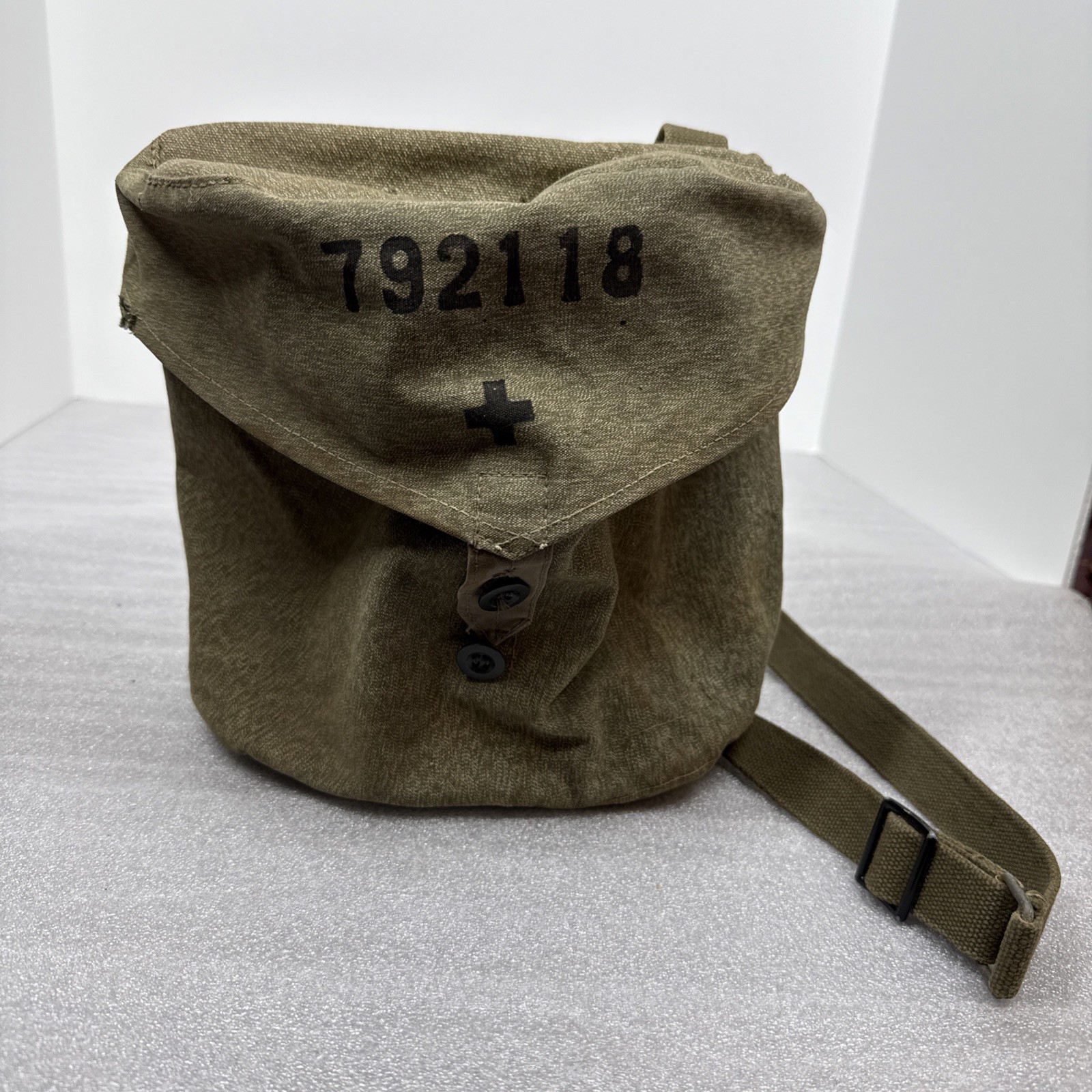 Vintage Swiss Army Gas Mask Bag Salt and Pepper Canvas Respirator Case