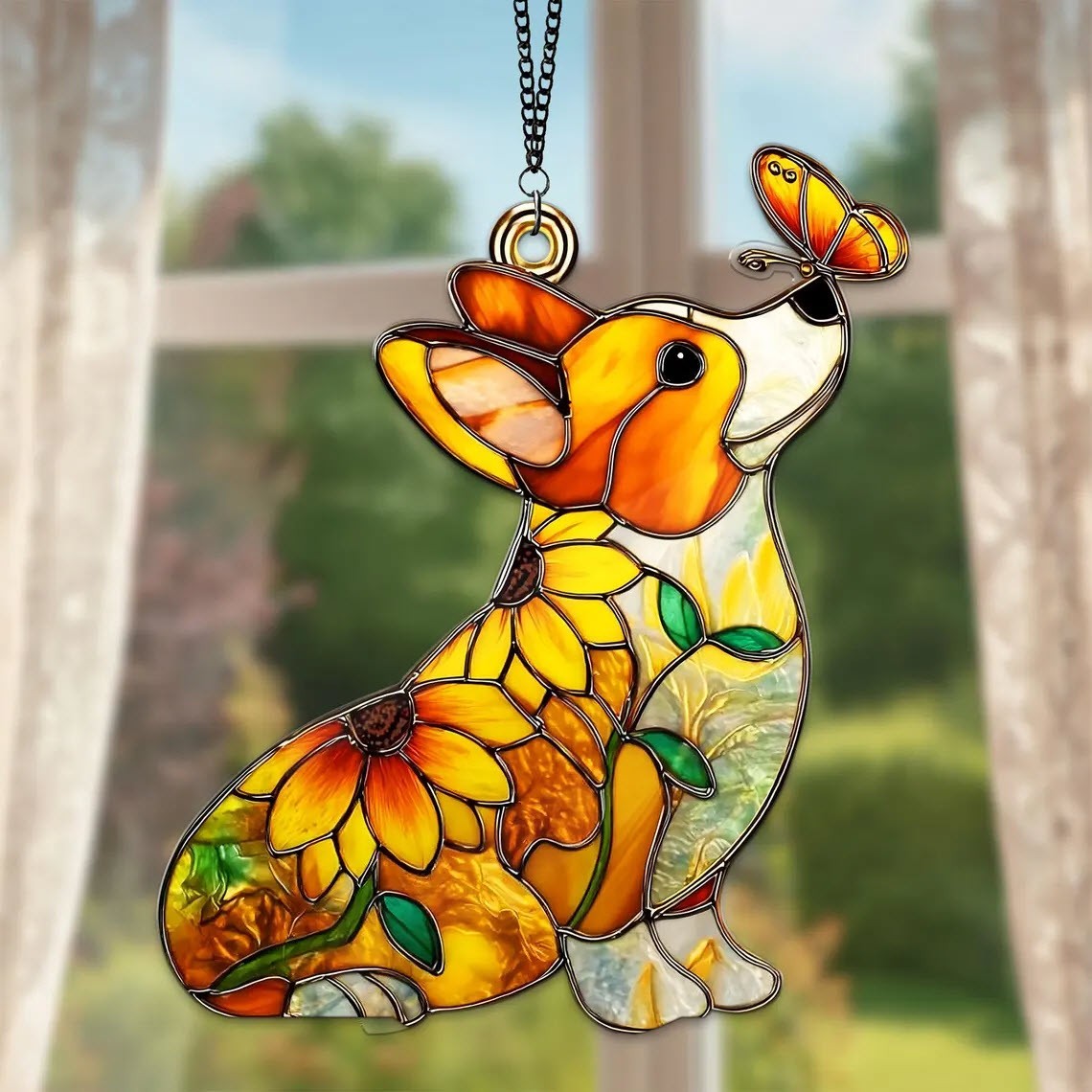 Sunflower Corgi Faux Stained Glass Suncatcher Dog Ornament Gift for Corgi Lovers