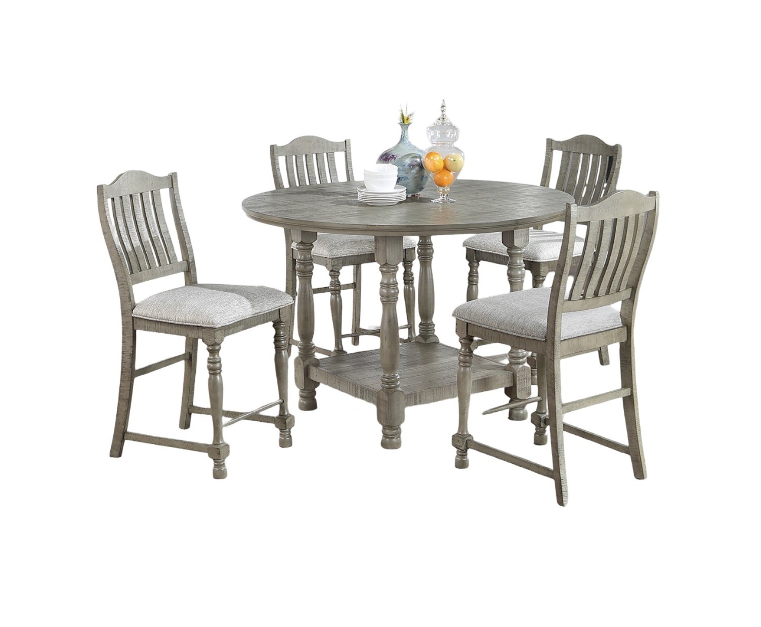 One light grey round dining table, made of open-shelf acacia veneer
