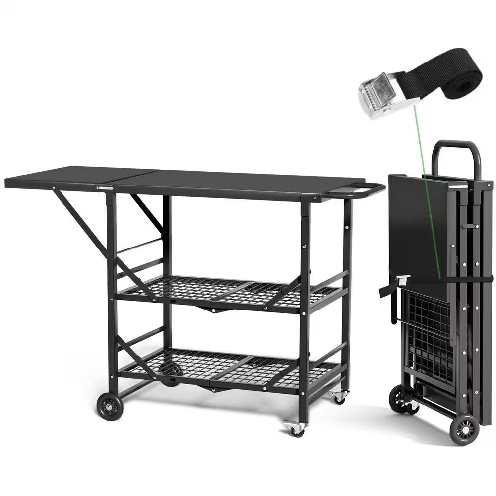 Outdoor Metal 3-Shelf Folding Grill Cart with 4 Hooks and Side Table Outdoor Bar