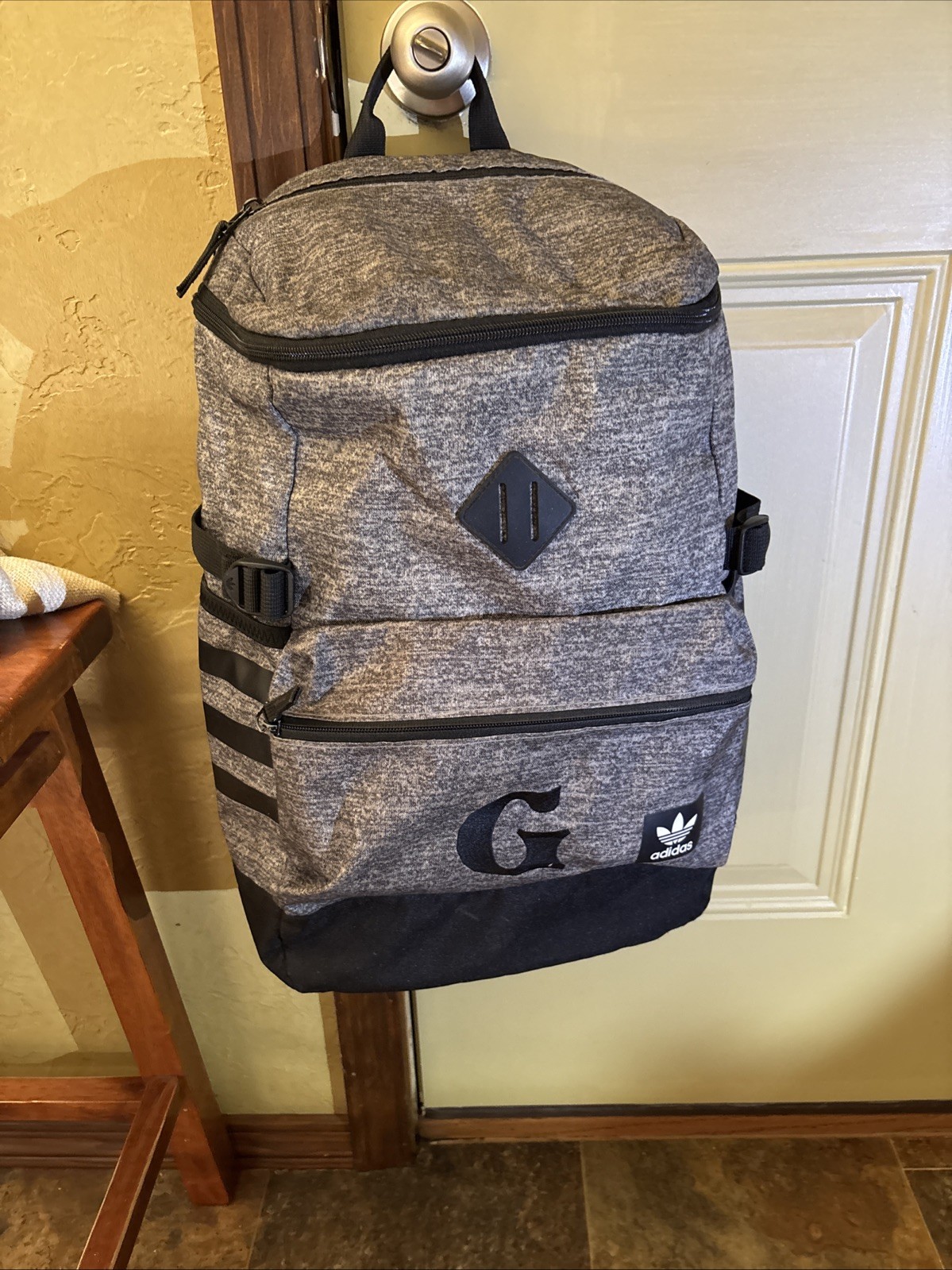Adidas Backpack Large Gray & Black with the letter G monogrammed on front