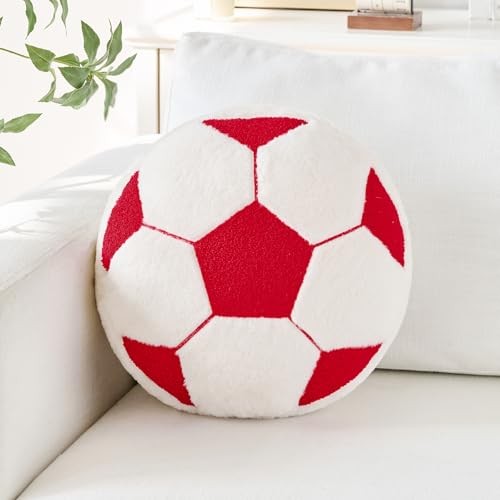 Soccer Pillow,12" Soccer Shaped Pillow Floor Cushion Seating Small-12 Inch Red