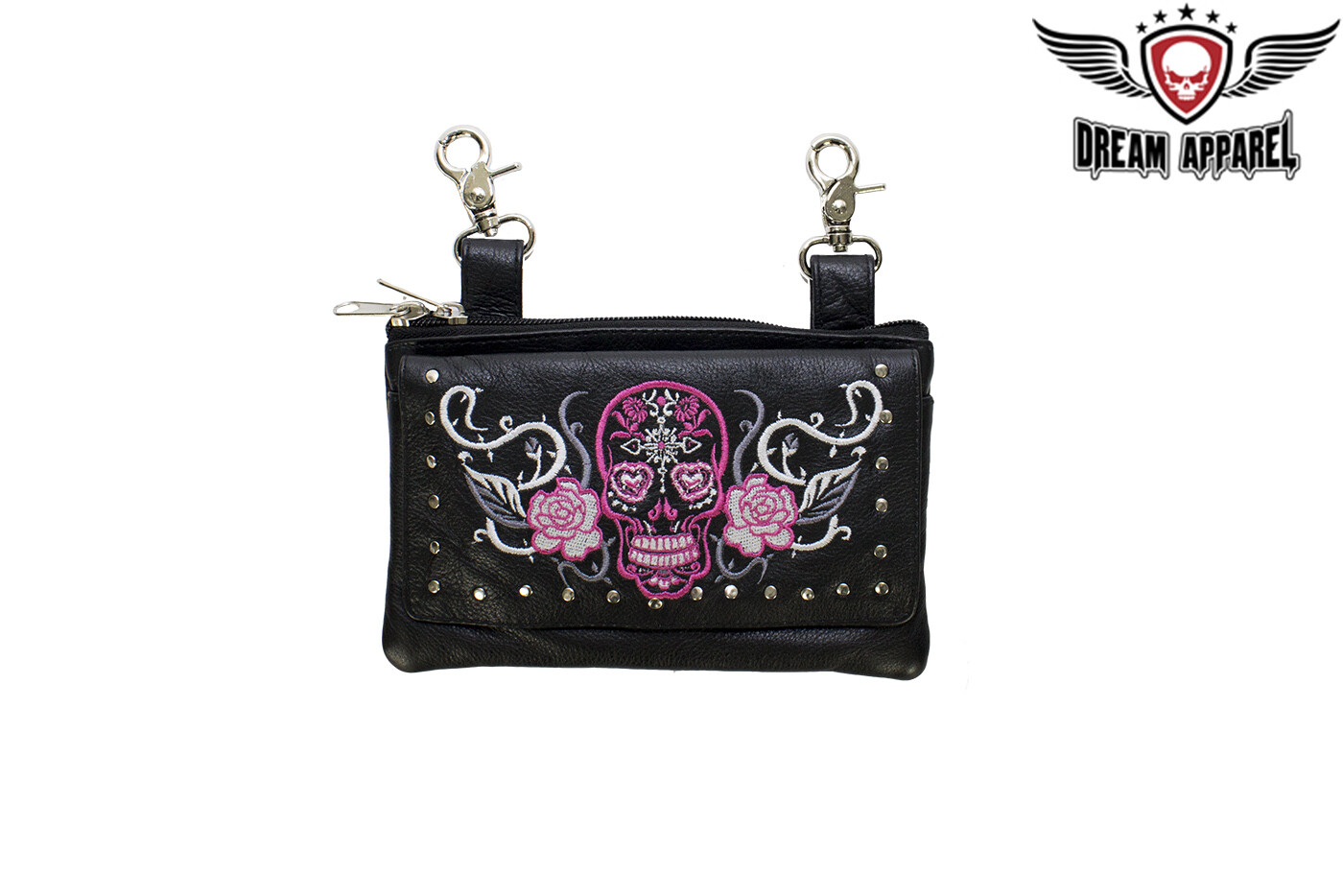 Ladies Fashion Studded Hot Pink Sugar Skull Naked Cowhide Leather Belt Bag