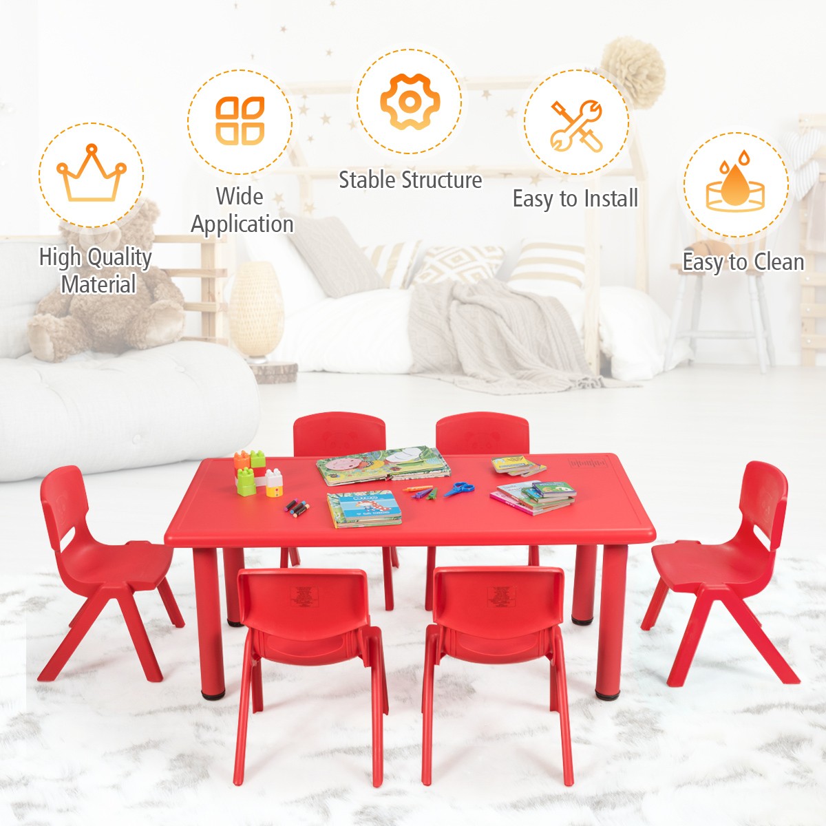 6-pack Kids Plastic Stackable Classroom Chairs Indoor/Outdoor Kindergarten Red