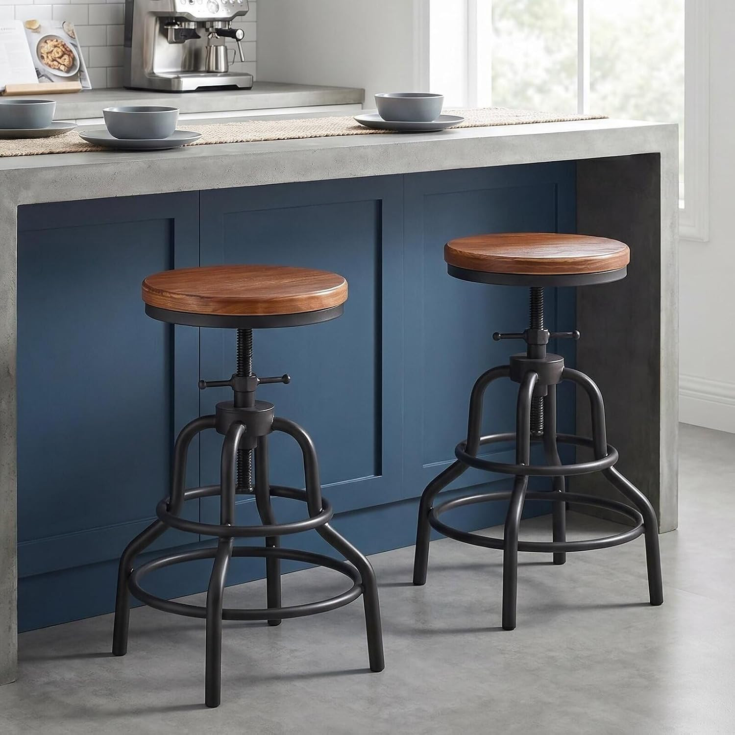Industrial Bar Stools, Screw Twist Height Adjustable Counter Stool with round So