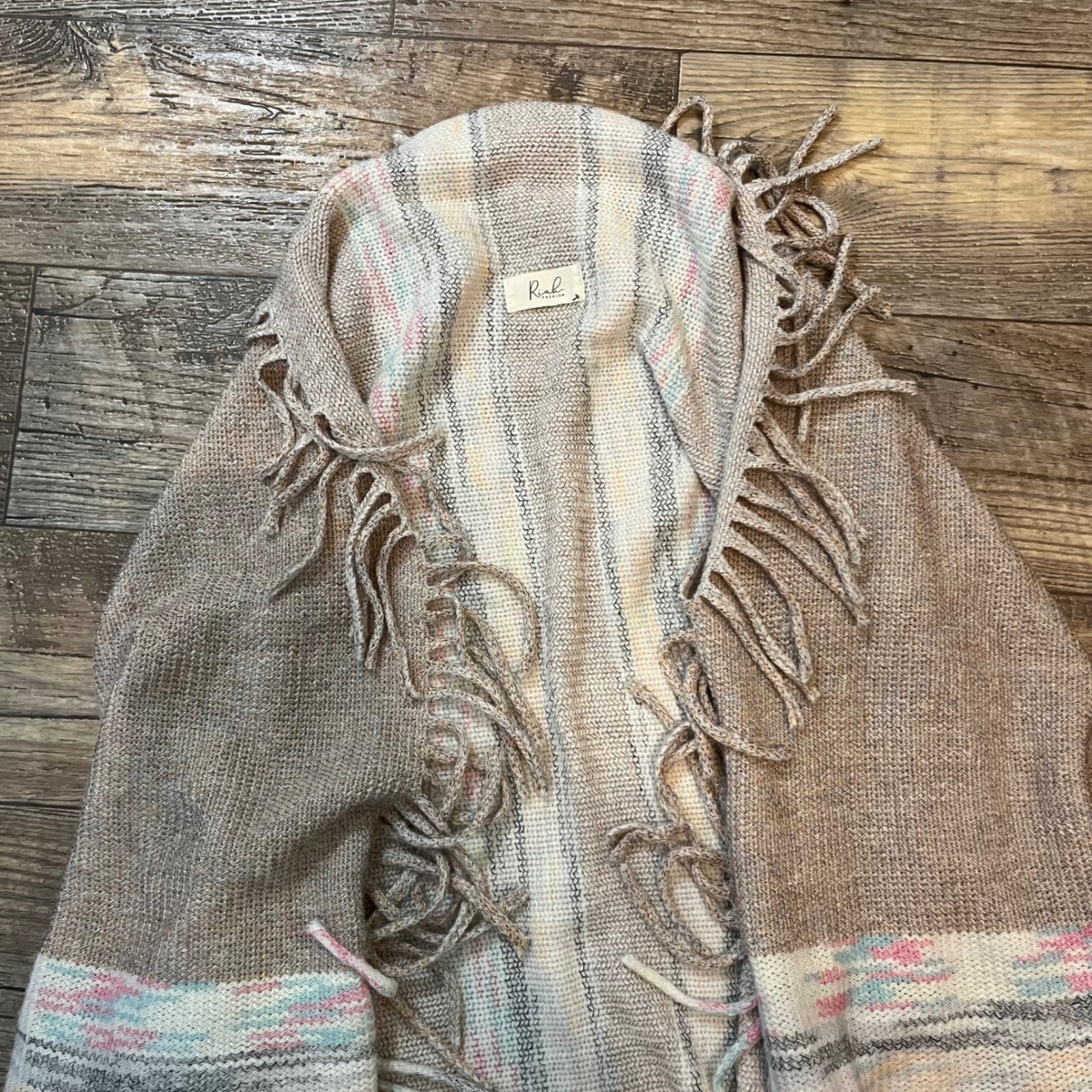 Riah Fashion Tan Pastel Striped Fringe Knit Poncho Wrap Shimmer One Size