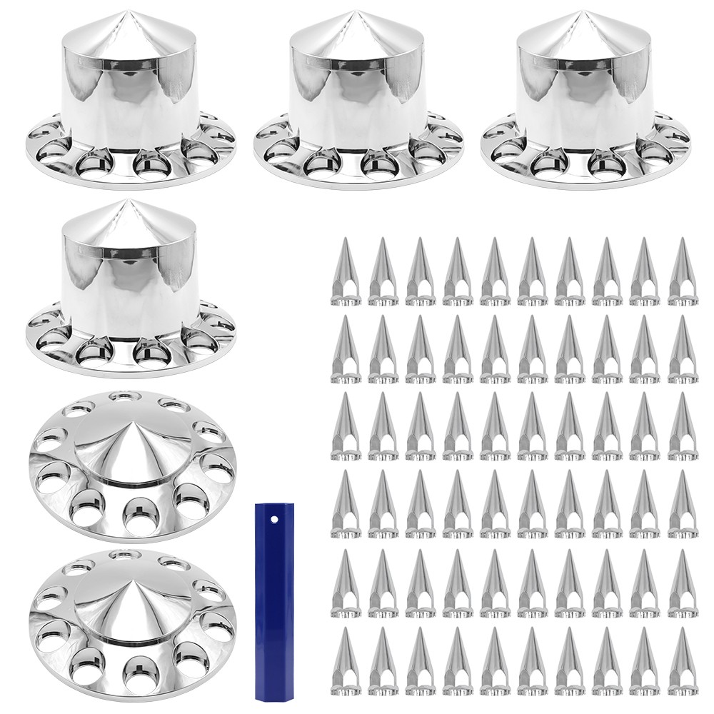 2 Front 4 Rear Wheel Hub Covers + 60 Lug Nut Covers for Semi Truck