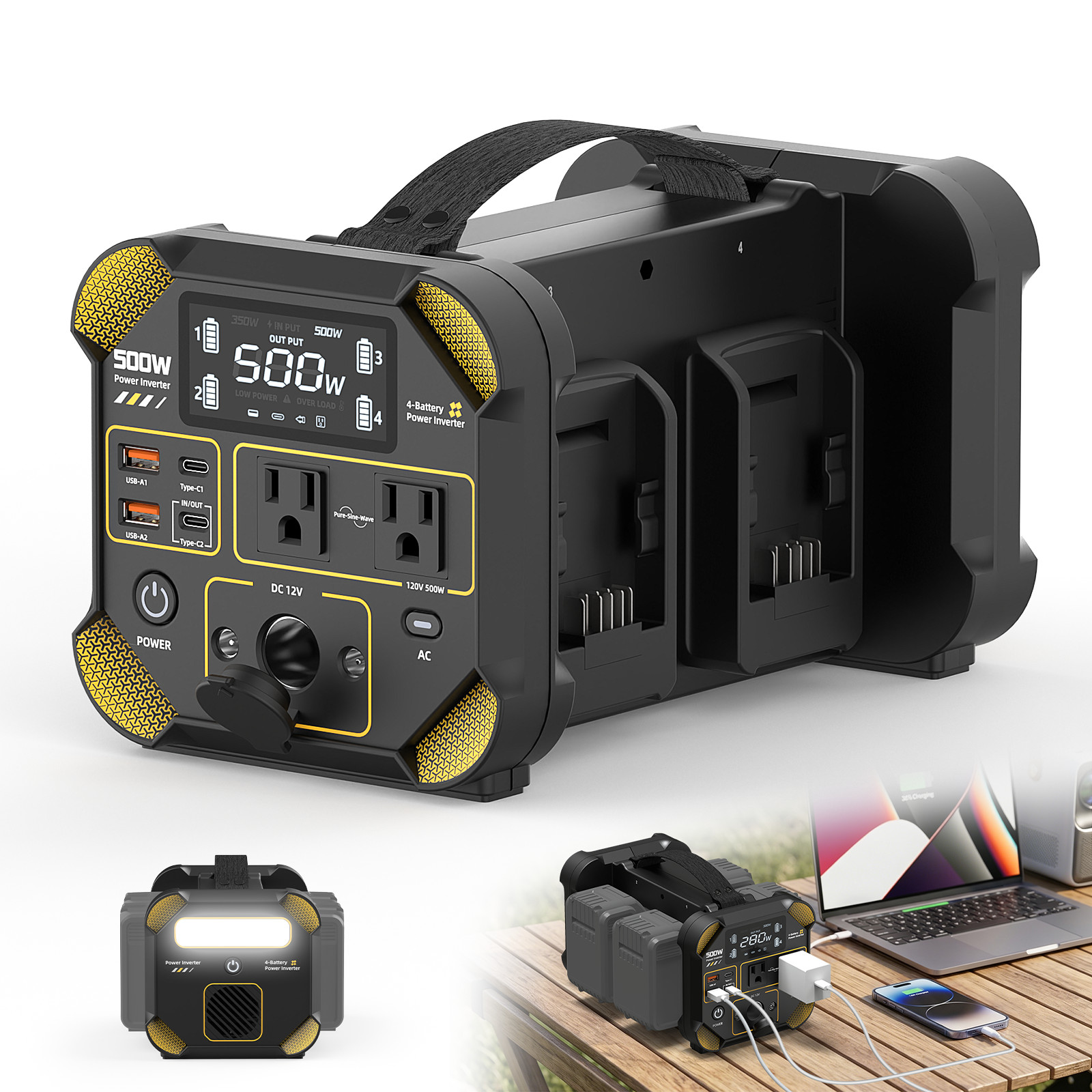 500W 4-Battery Power Inverter for Dewalt 20V Battery AC Output Power Station LED