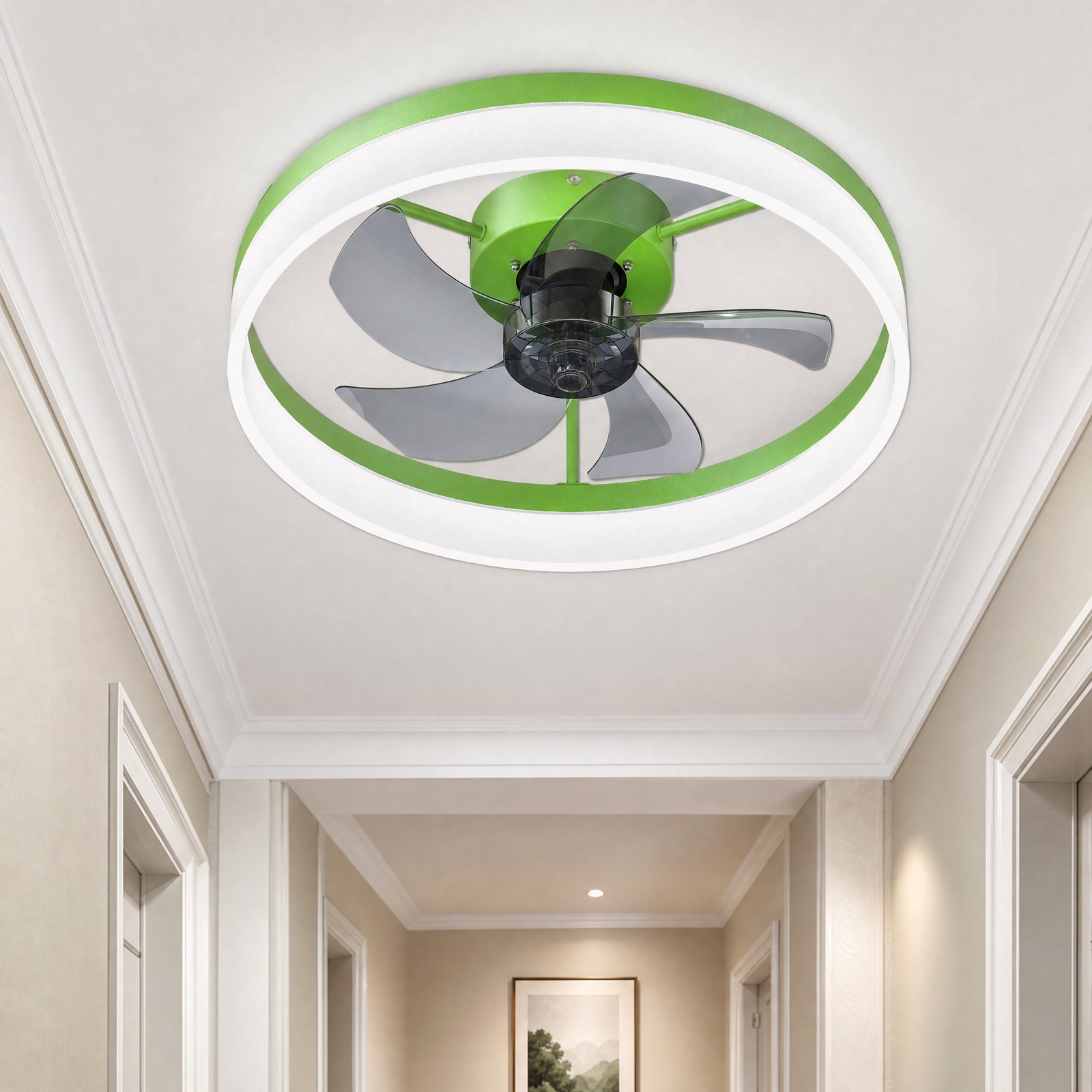 20'' Modern Green Ceiling Fan with LED Light Remote APP Control Flush Mount Kit