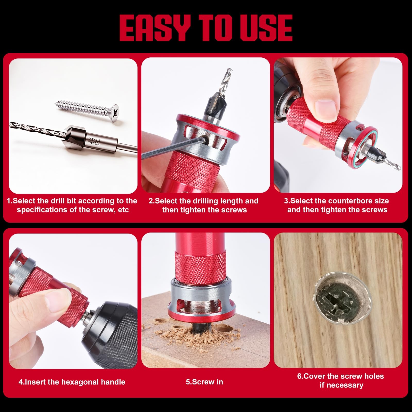 5 Pcs Countersink Drill Bit Set with Aluminum Alloy Depth Stop,Semi-Automatic...