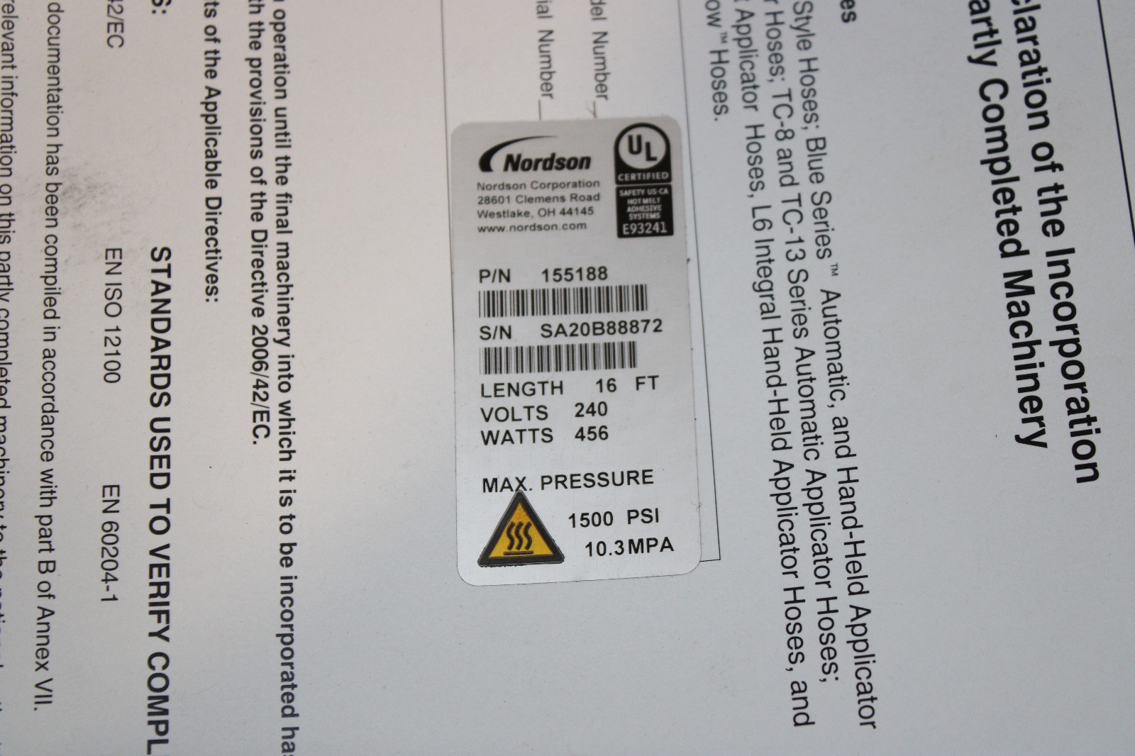 NORDSON 155188 HOSE 2300 16FT .312 240V HOT MELT HEATED GLUE HOSE NEW IN BOX