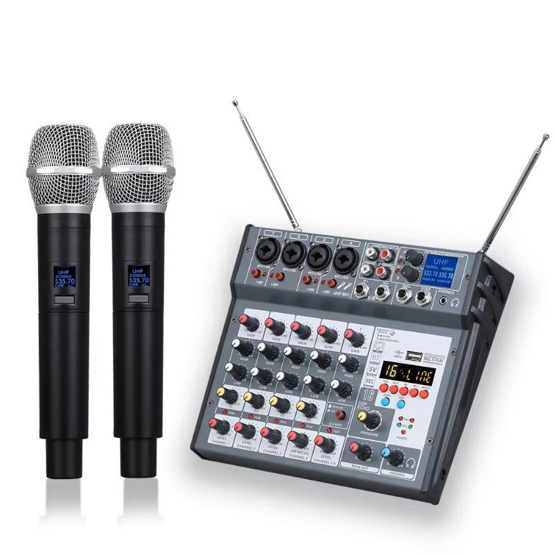 6 Channel Dj Audio Mixer with 2 Haneheld Wireless Microphone for Home Karaoke