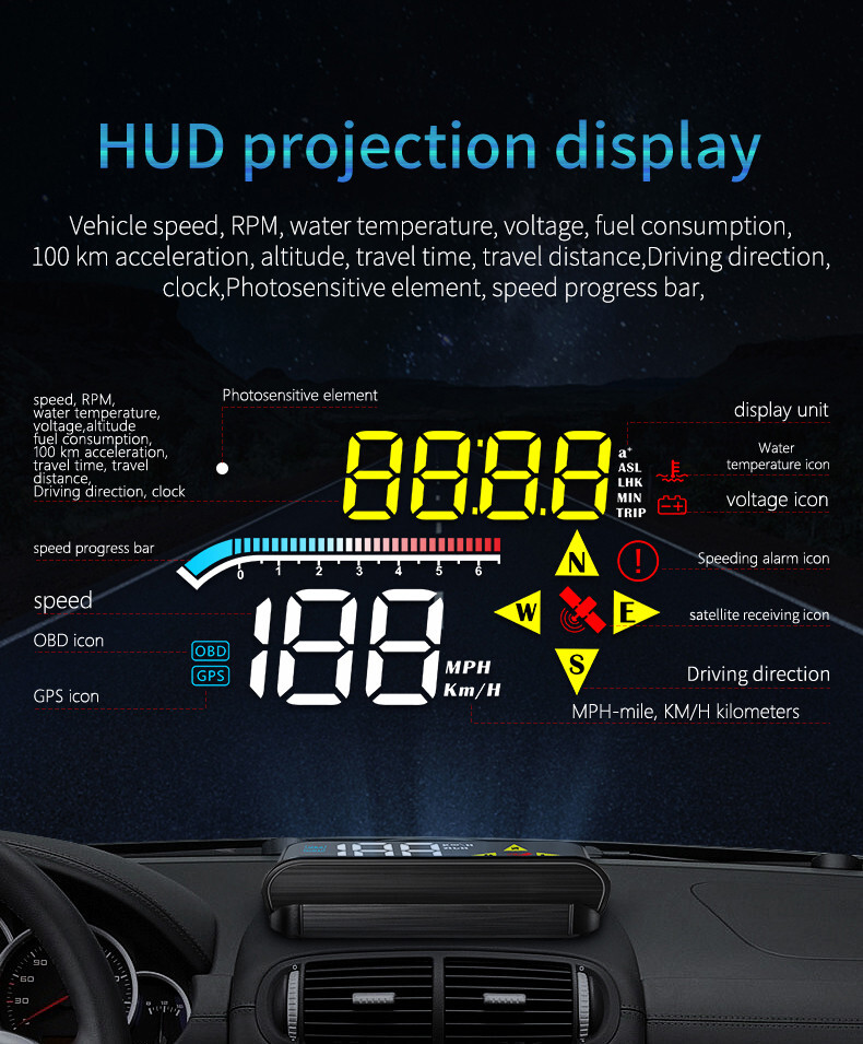 Car HUD Digital Speedometer Projector Head Up Display OBD2 GPS Overspeed Alarm