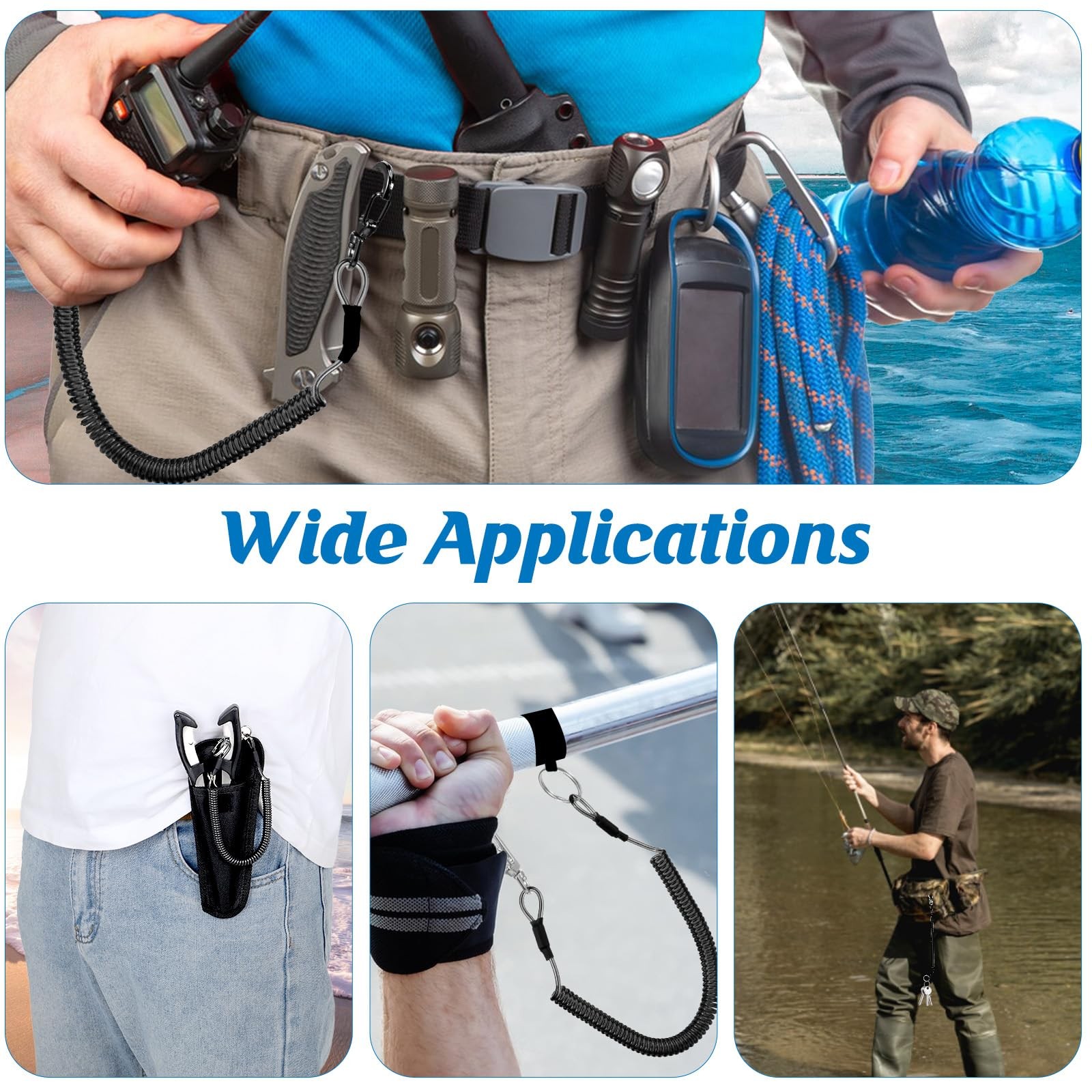 Retractable Coiled Lanyard Spring Fishing Tool with Carabiner and Split Ring
