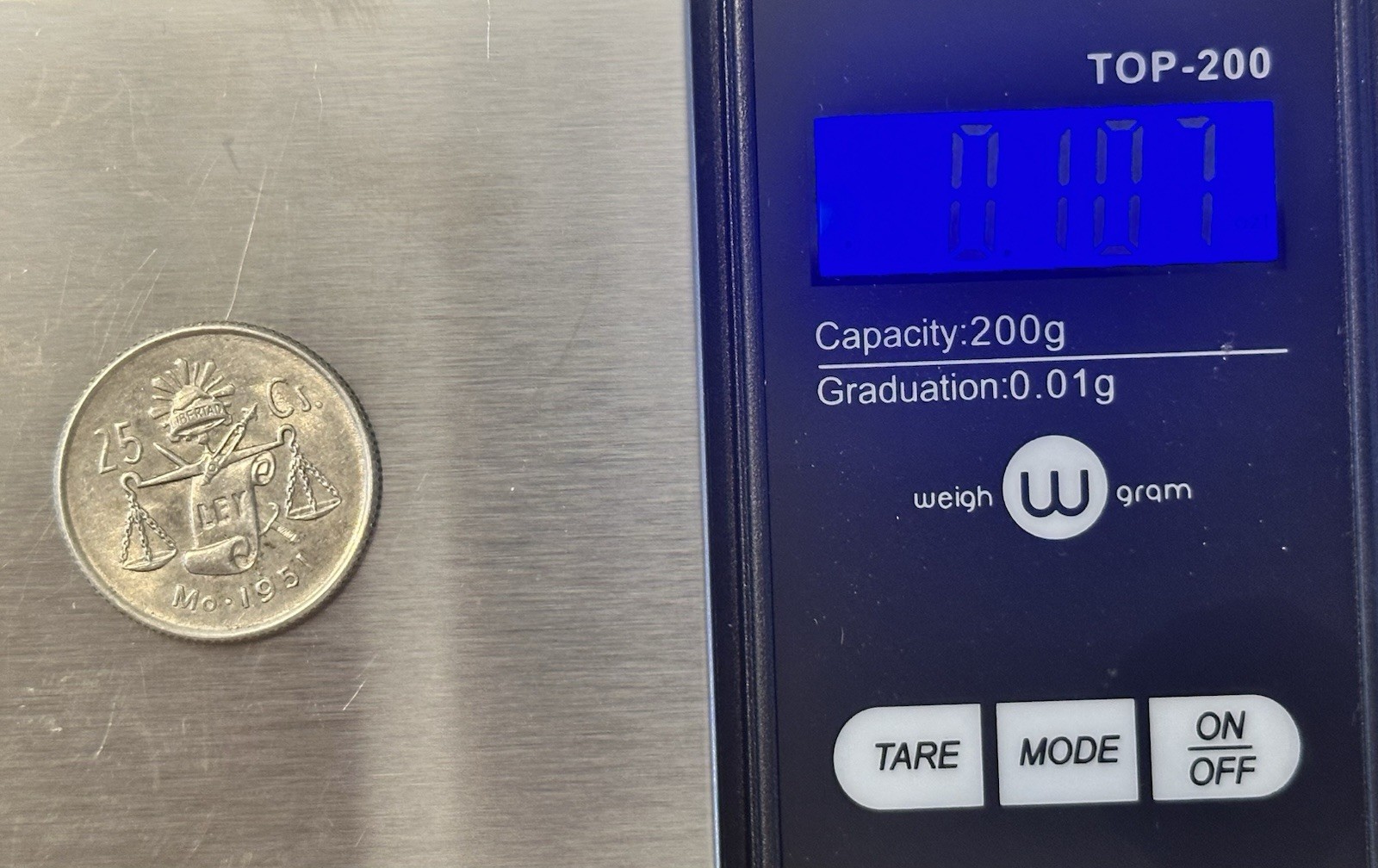 1950-1953 Mexican 30% Silver 25 Centavos - ROUND CAP & RAY BALANCE SCALE COIN