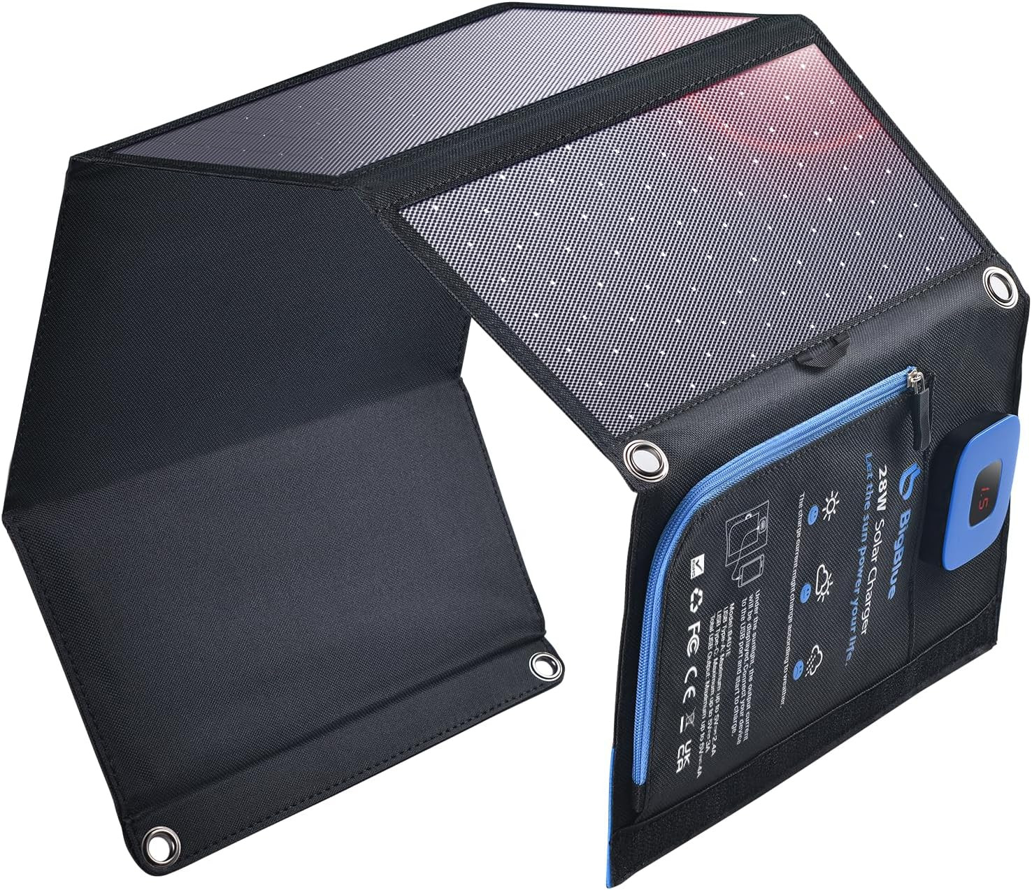 Portable Solar Charger 28W with Digital Ammeter,25.4% High-Efficiency, USB-A/USB