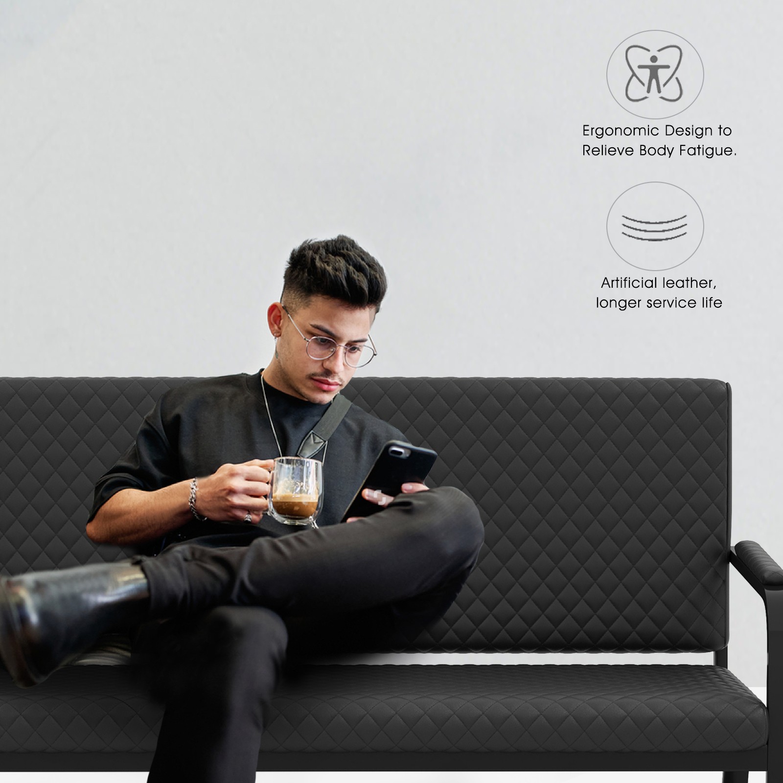 Black Waiting Chair Guest Reception Seating Bench Barbershop Beauty Salon Office