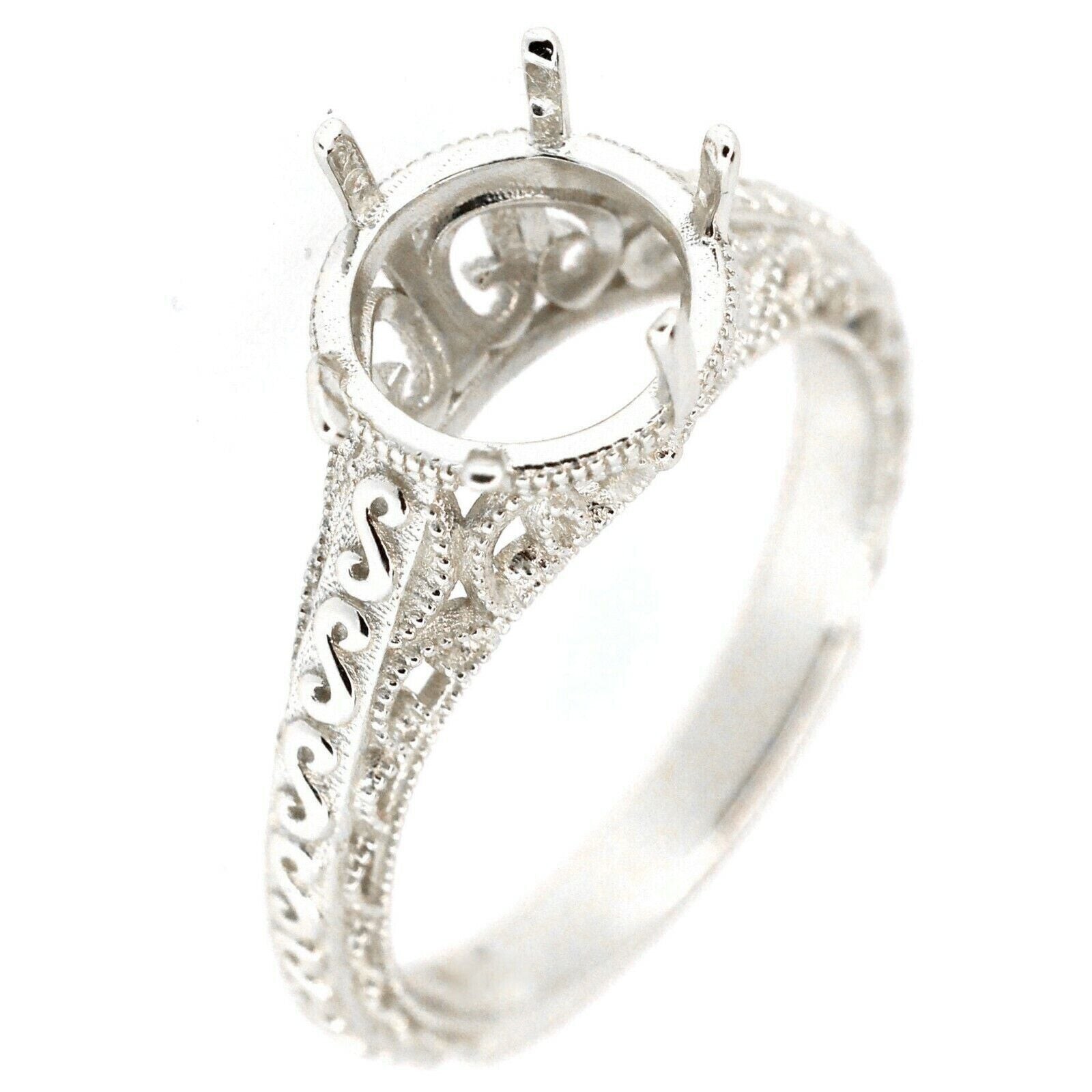 Art Deco Style Sterling Silver Semi Mount Ring Setting Round RD 8x8mm