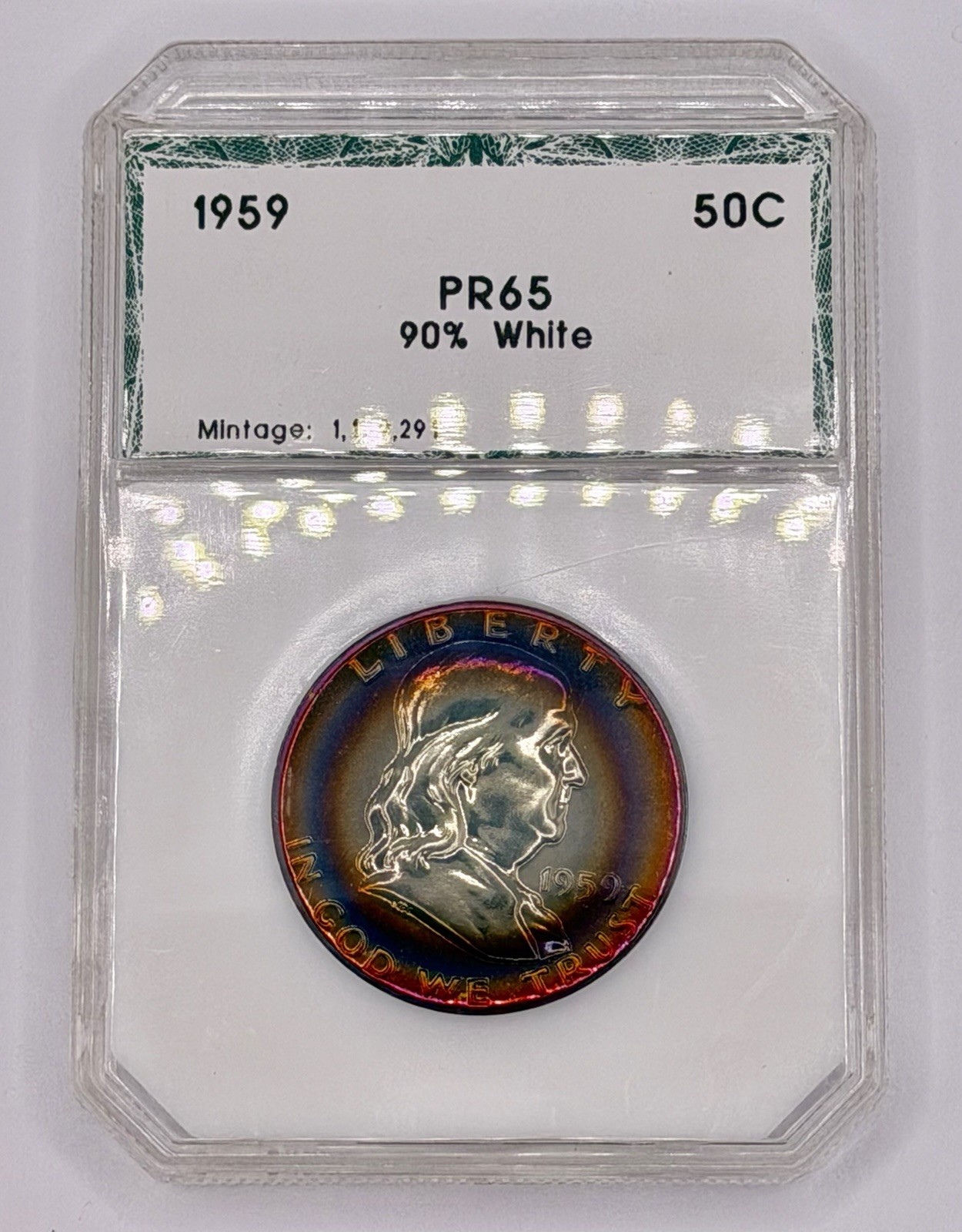 1959 Proof Silver Franklin Half Dollar 50C PCI MONSTER Rainbow NEON Toned Coin