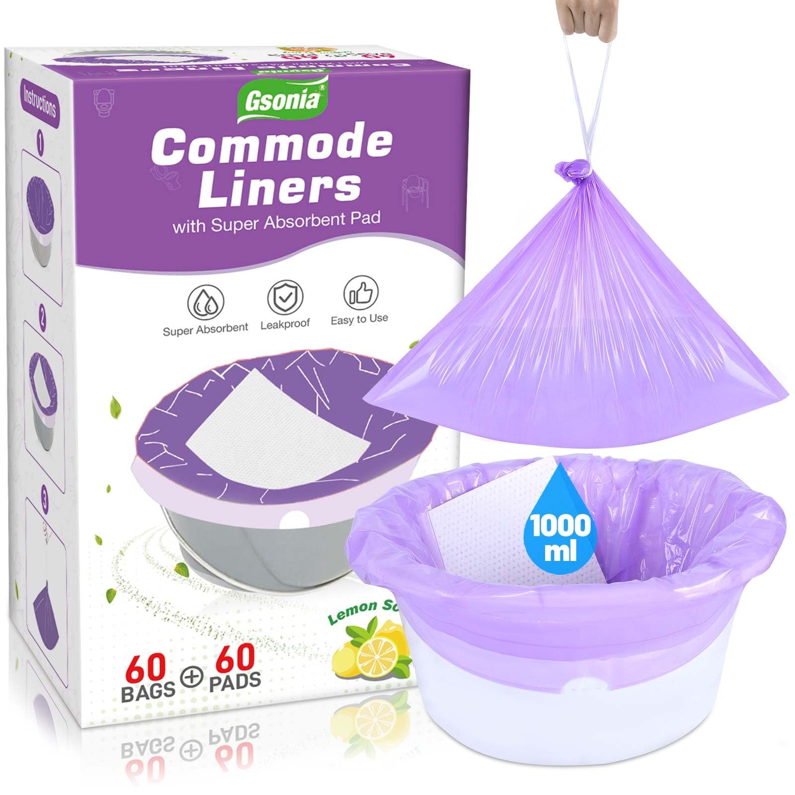 Commode Liners with Absorbent Pads for Bags + Pads, Purple