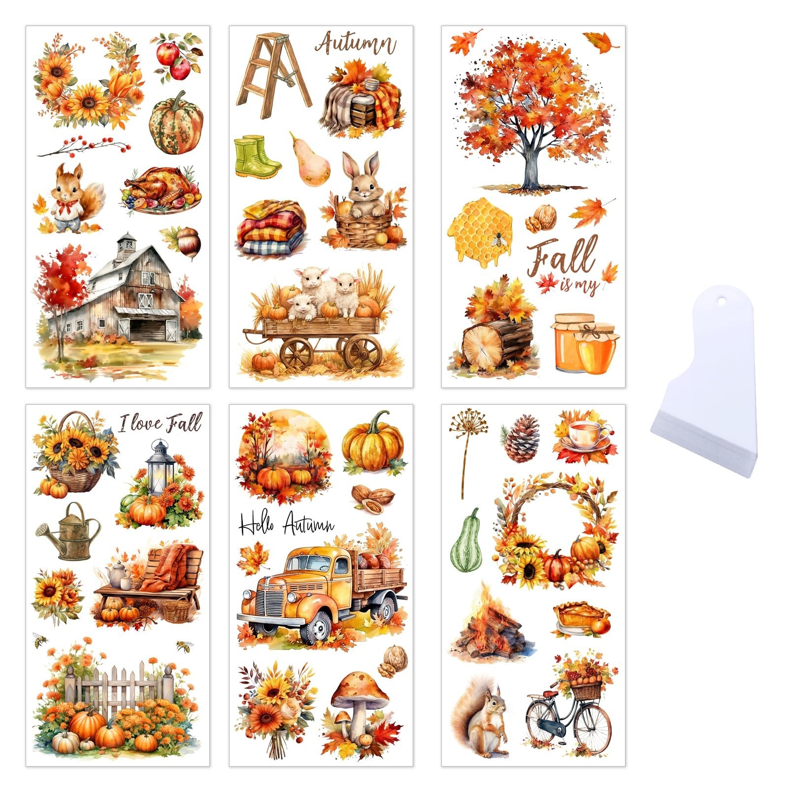 6 Sheets Fall Rub on Transfers for Craft Furniture, 6 x 12 Inches Vintage Aut...