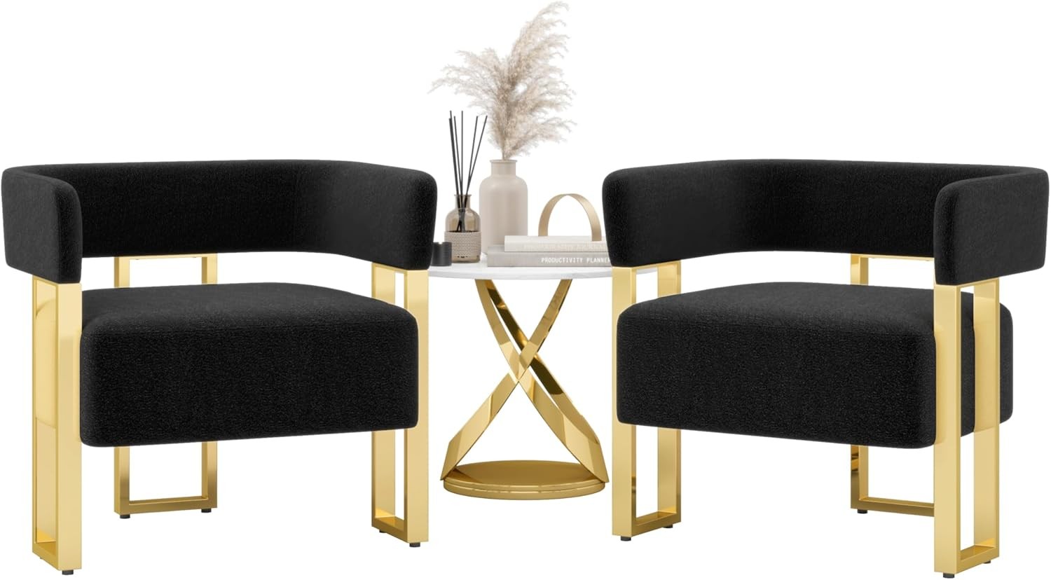 Modern Black and Gold Accent Chair Set of 2 Boucle Bucket Arm Chairs Bedroom