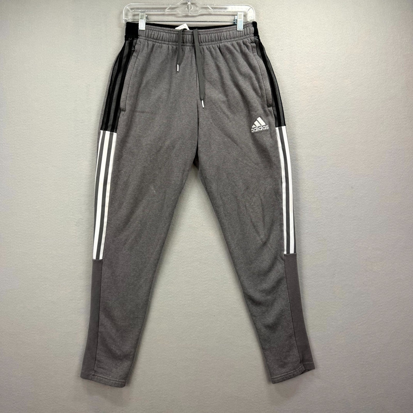adidas Trio 21 Sweatpants Mens S Gray Heather Fleece Lined 3 Stripes Drawstring