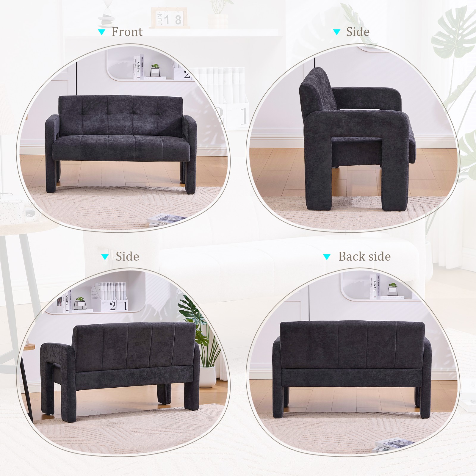 Nordic Modern Double Armchair Loveseat Sofa Chenille Black