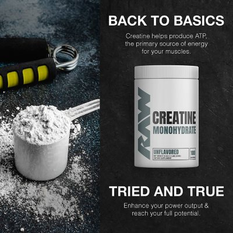 RAW Nutrition Creatine Monohydrate Powder, Unflavored - 510g, 100 Servings