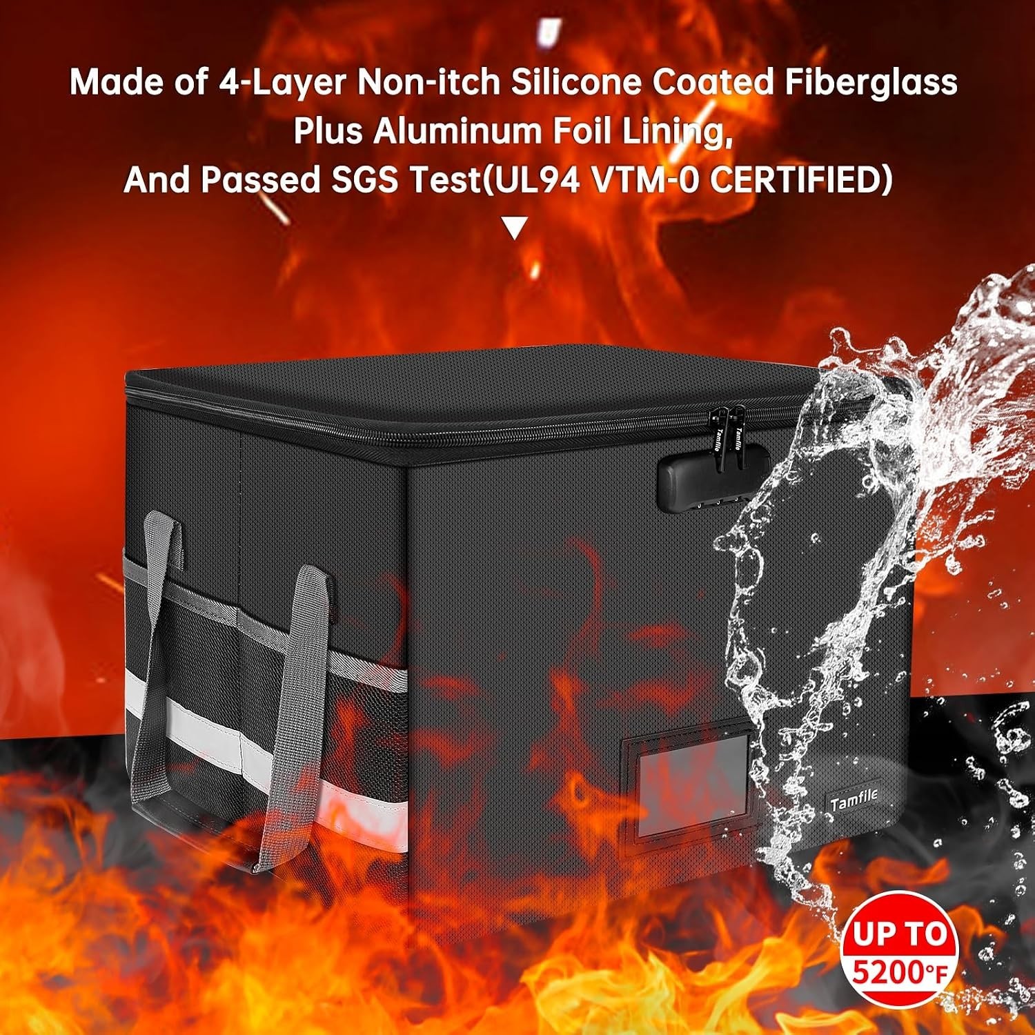 Tamfile Large File Box with lock, 5200°F Fireproof File Box for Documents fire