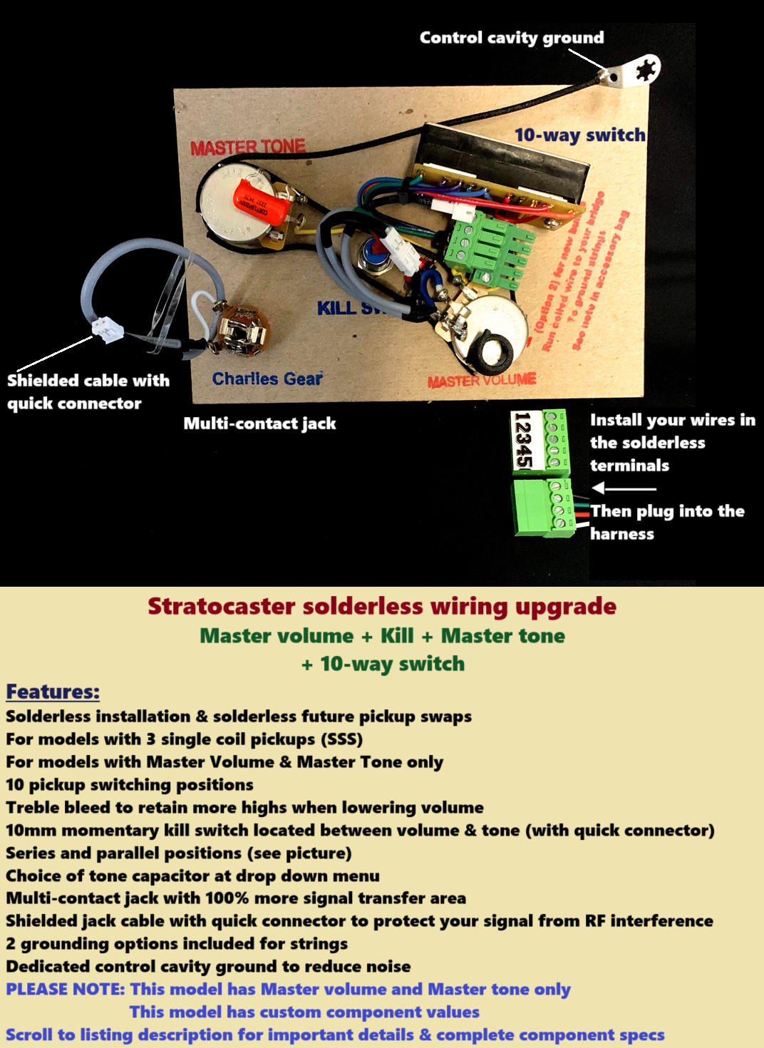 Strat Solderless SSS Wiring Upgrade + 10-way +Master vol/Kill/Master Tone/Treb b