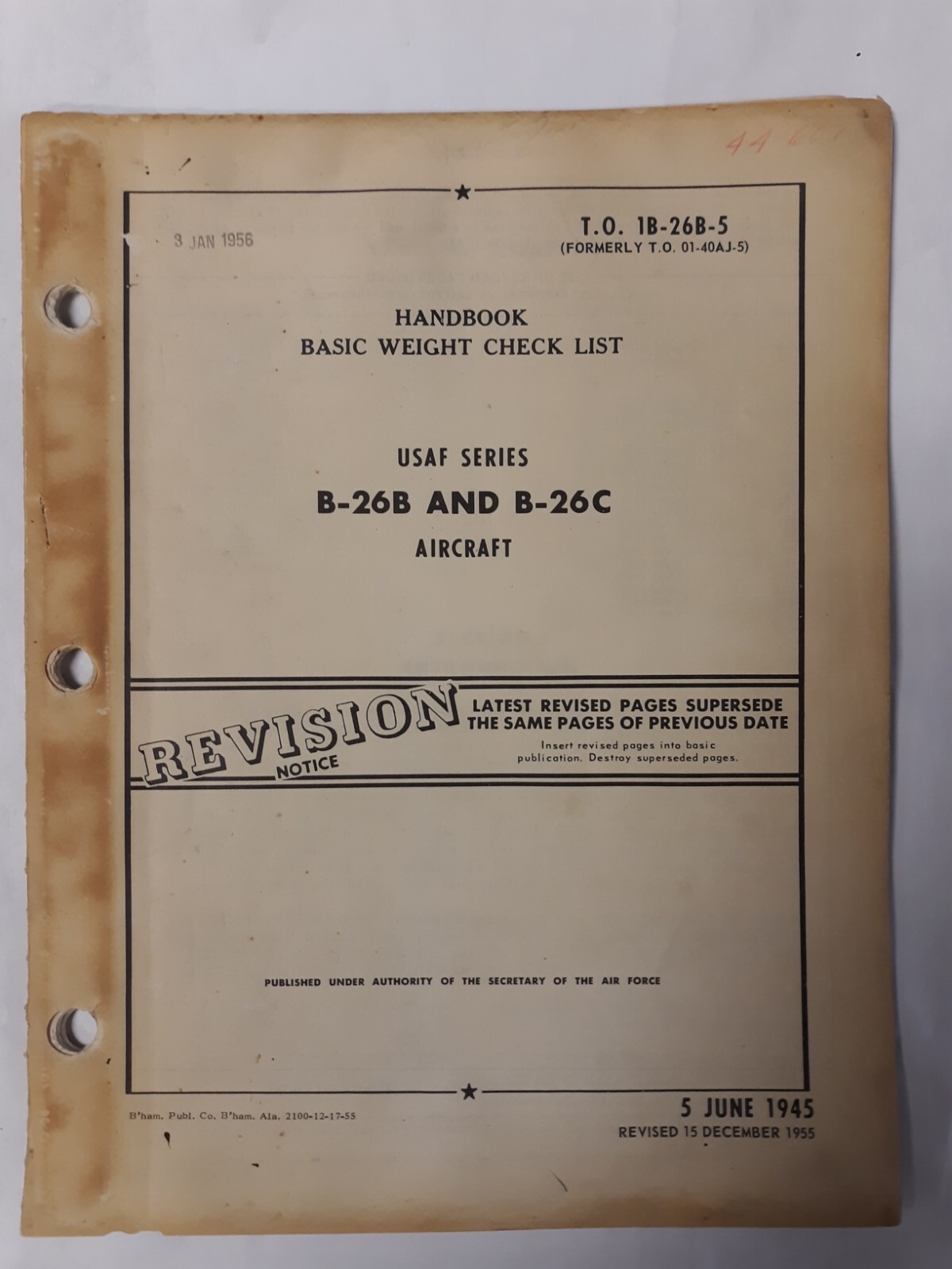 McDonnell Douglas USAF Model B-26B-C Aircraft Basic Weight Check List Original