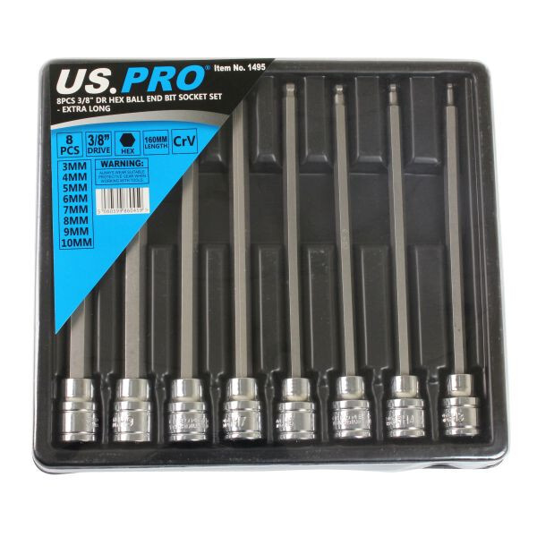 US PRO 8pc 3/8" Long Ball End Hex Allen Bit Key Sockets Bergen Tools 3mm - 10mm