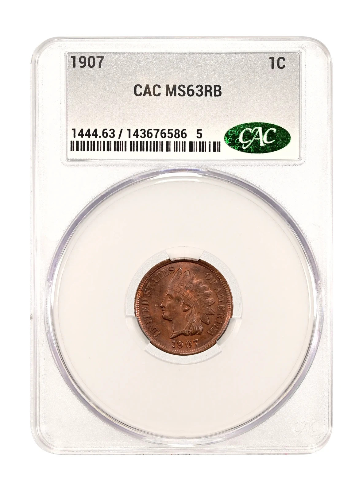 1907 indian head penny, 63 rb cac