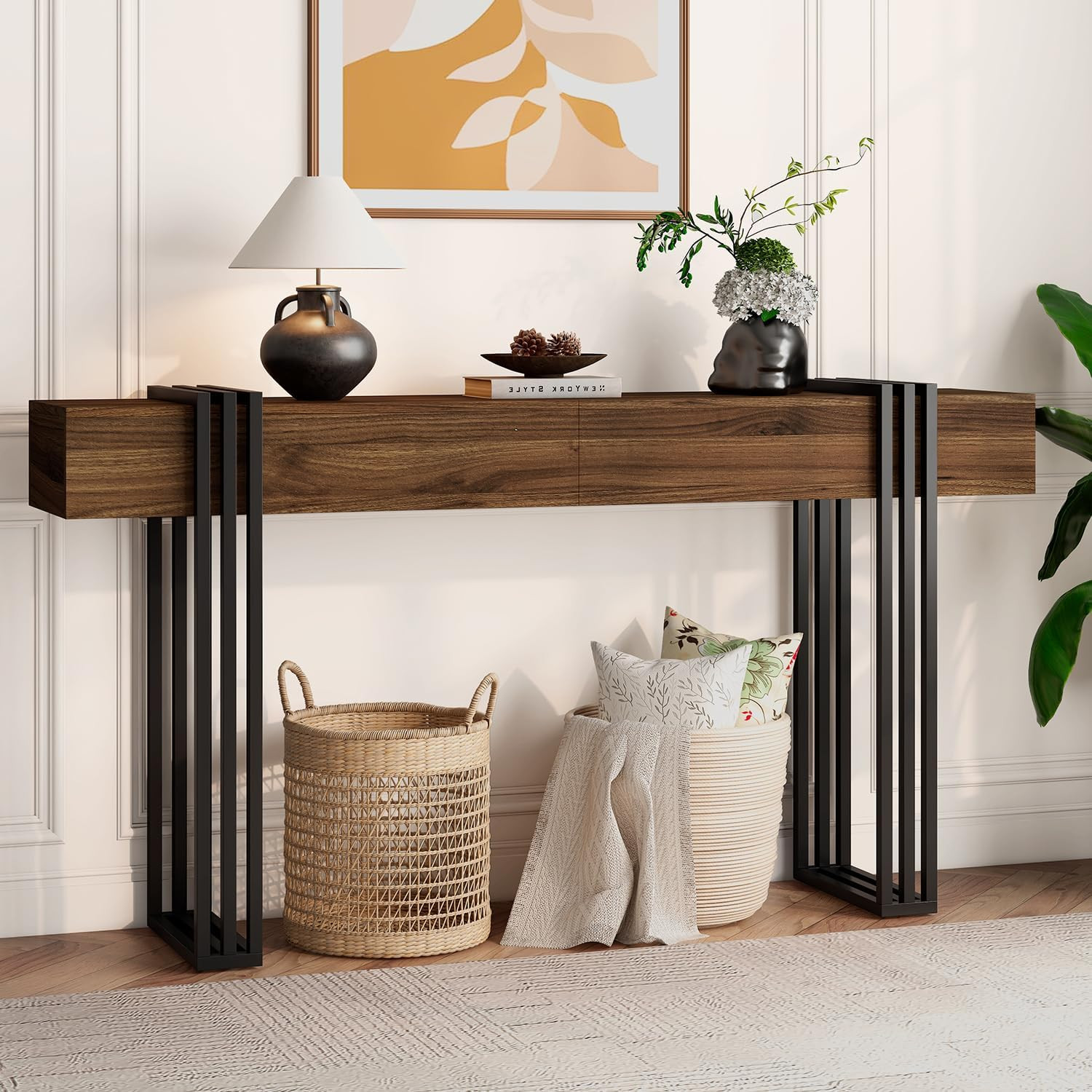 63 Inch Console Table for Entryway, Industrial Sofa Tables Couch Table behind So