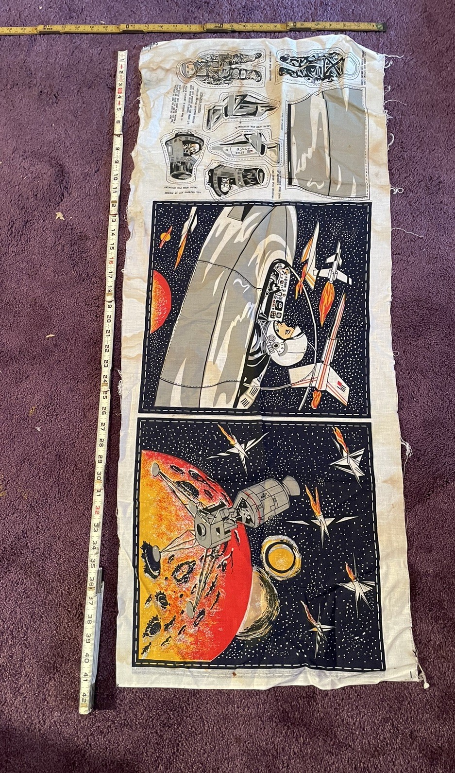 VINTAGE  Star Force Fabric Pattern Pillow   Astronaut  Spaceship 1970s