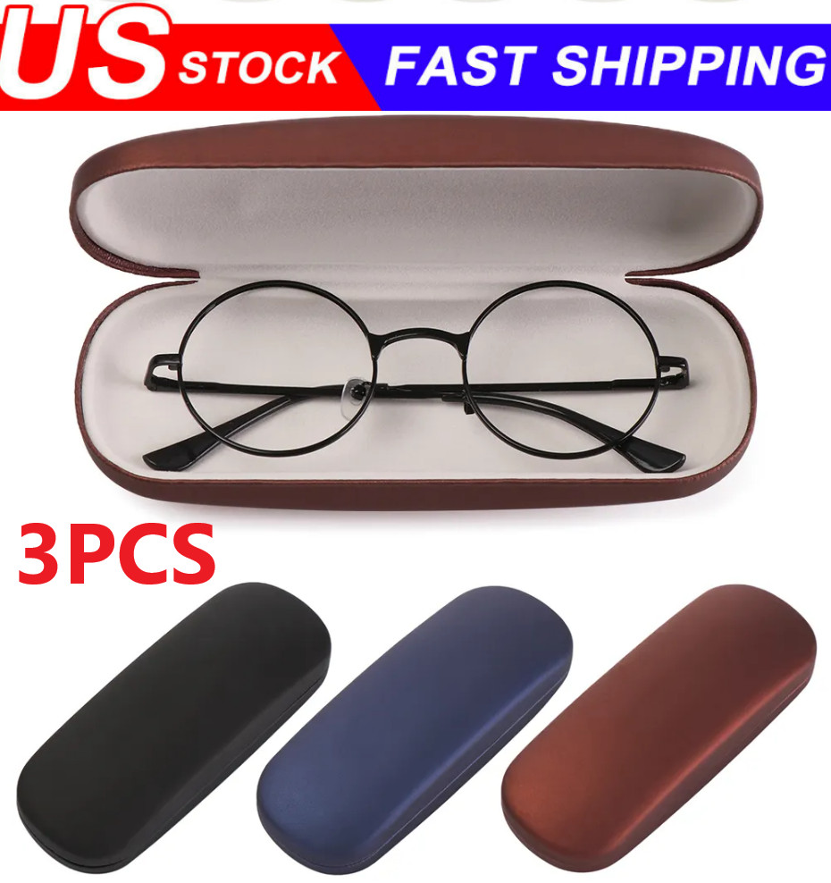 NEW Clam Shell Hard Eyeglasses PU Glasses Case Black w/Microfiber Cleaning Cloth