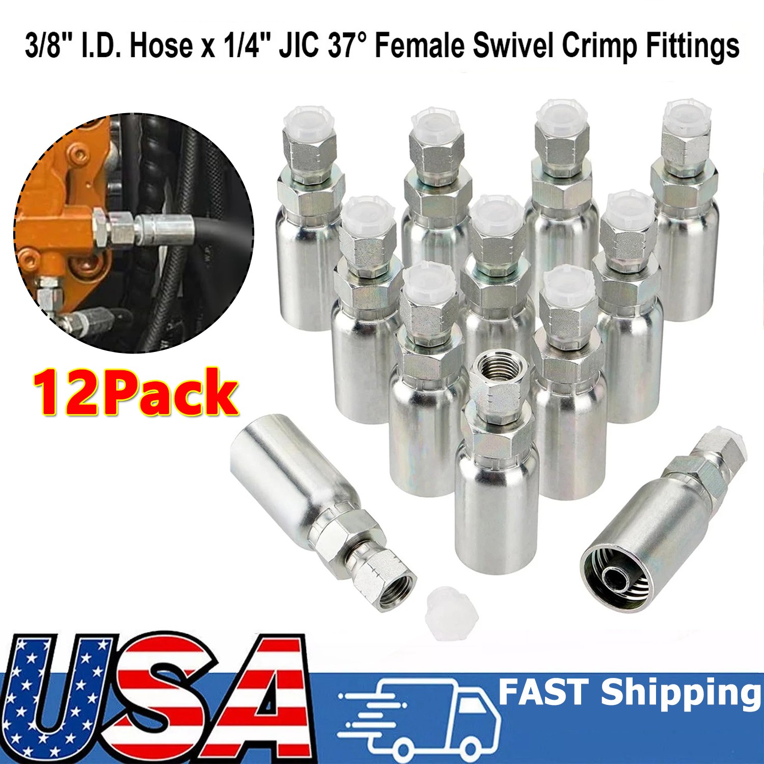 12 Pack 3/8" Hose x 1/4" JIC 37° Female Hydraulic Hose End Swivel Crimp Fittings