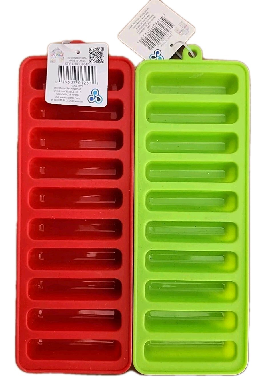 🧊 Kolorae • Silicone Ice Tray • 10 Bars • KOL-0047 • 1 Green, 1 Red