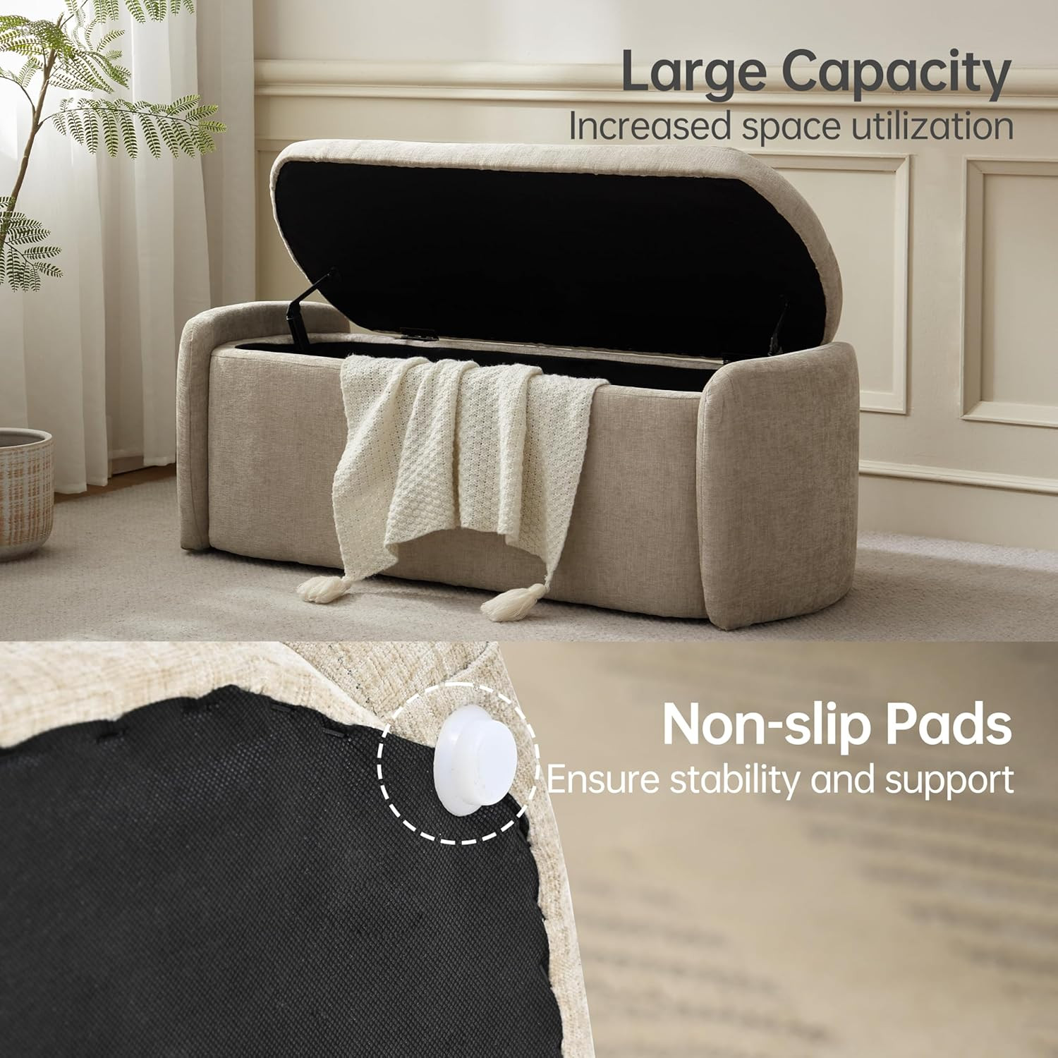 VKNOW 46" Oval Storage Ottoman Bench, Upholstered End of Bed Bench Ottomans Benc