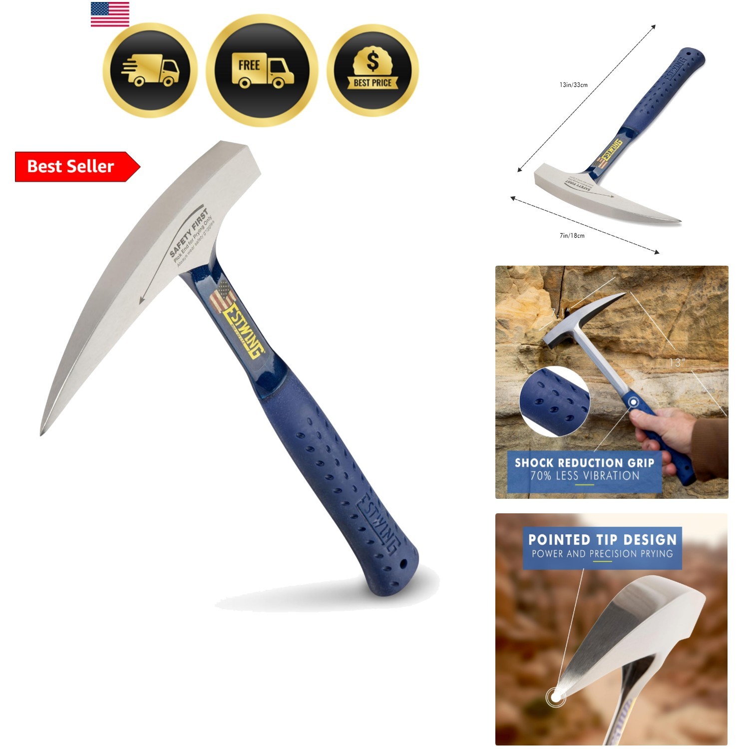 Rock Pick - 22 oz  Made Geology Hammer with Pointed Tip & Shock Reduction Gri...
