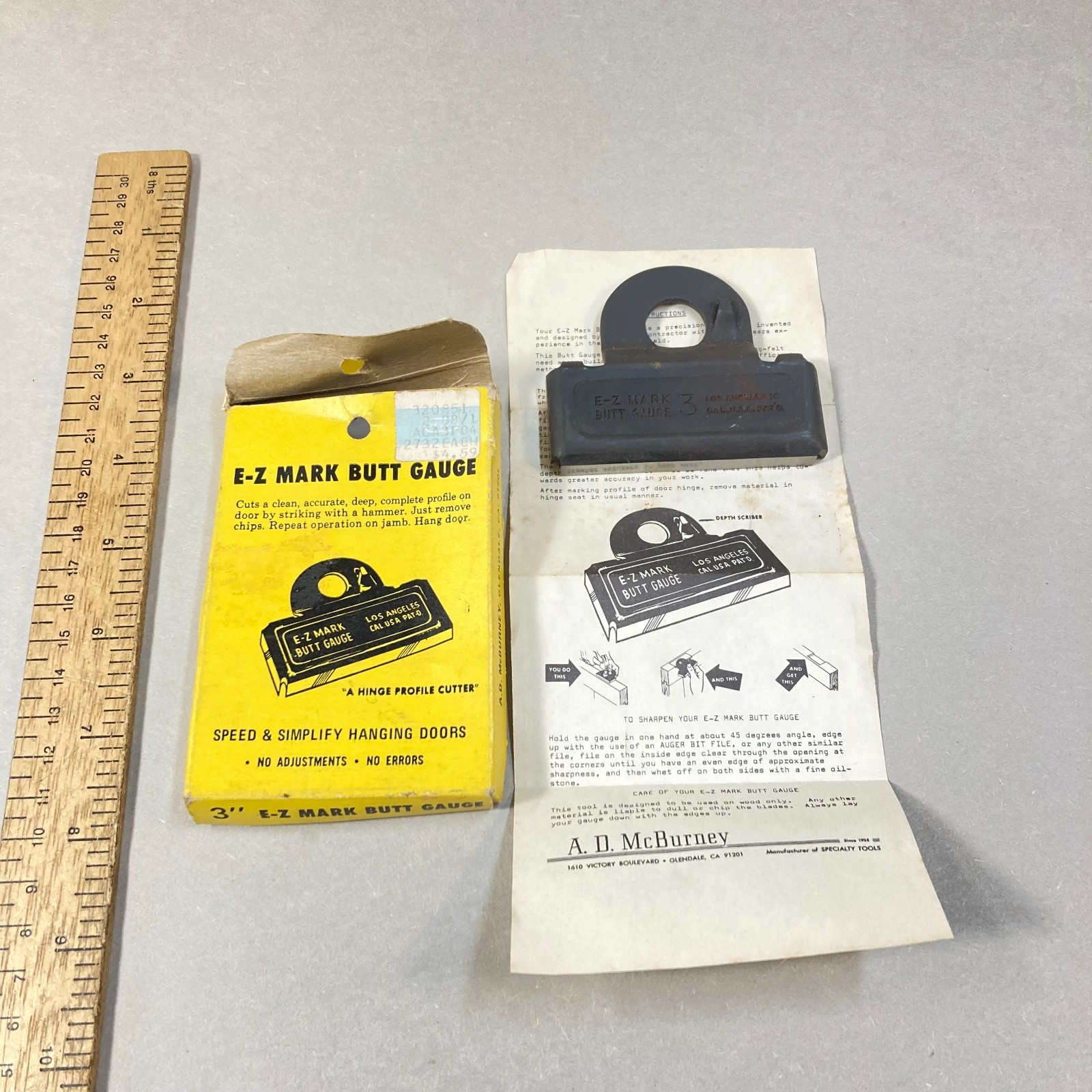 Vintage E-Z Mark Tool 3" Butt Gage Door Hinge Mortise Template w/ Box USA