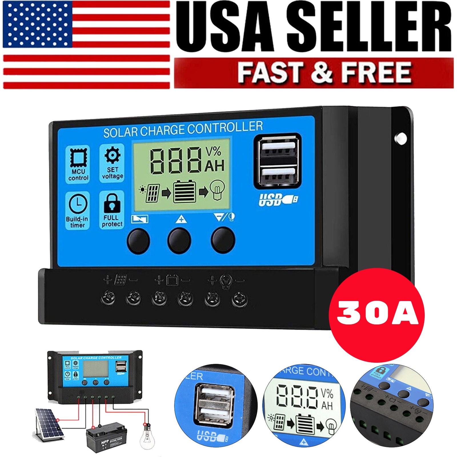 30A Solar Charge Controller 12V/24V Auto PWM LCD Display Dual USB Port US New