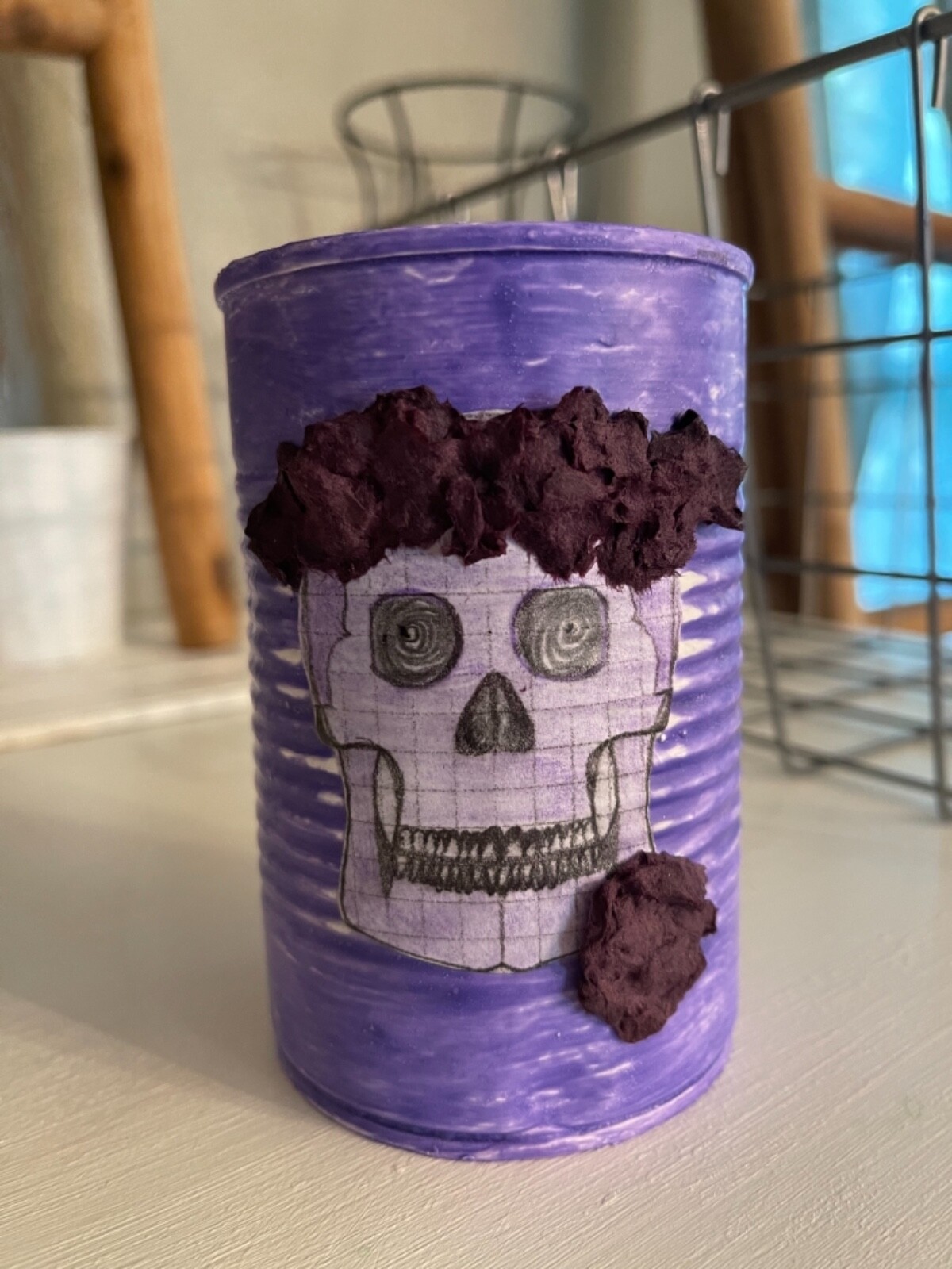 tin can decor handmade- Halloween skull decoupaged 4.5” high