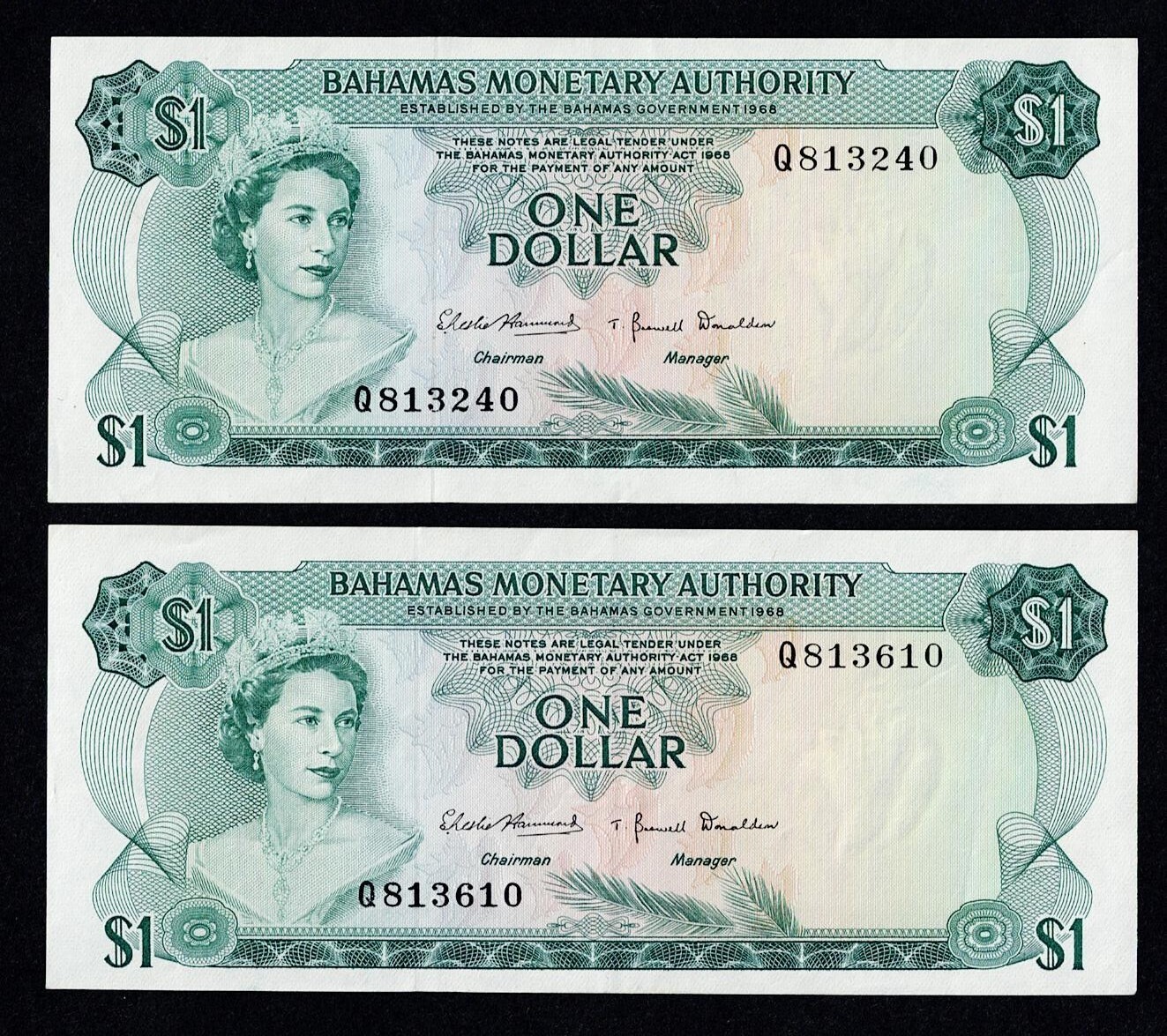 BAHAMAS 1 DOLLAR 1968 AUNC- UNC P-27a QEII