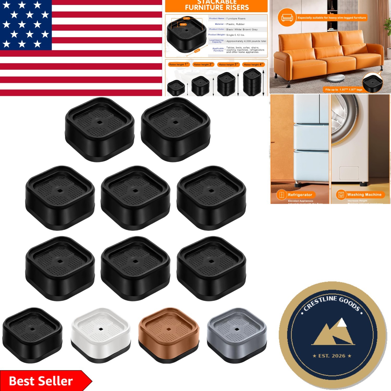 Heavy-Duty 1-Inch Bed Risers - Stackable Furniture Elevators for Home & Office